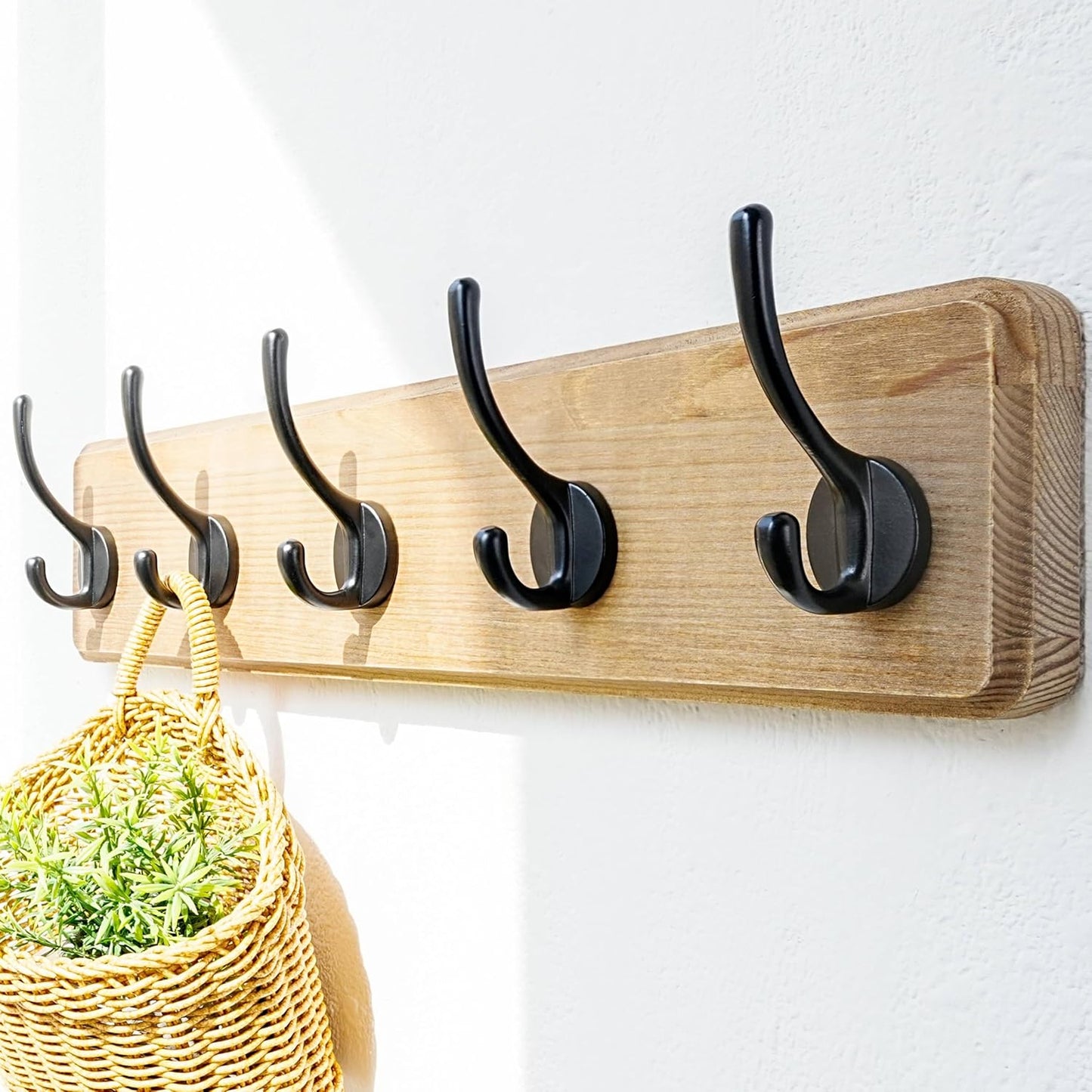 Dseap Coat Rack Wall: Patented, Heavy-Duty, 17.4" Long 5-Double-Hooks Wooden Wall Mounted Coat Rack Coat Hanger Hook Rail for Winter Coats Hat Jacket Clothing, Weathered Brown, Pack of 2