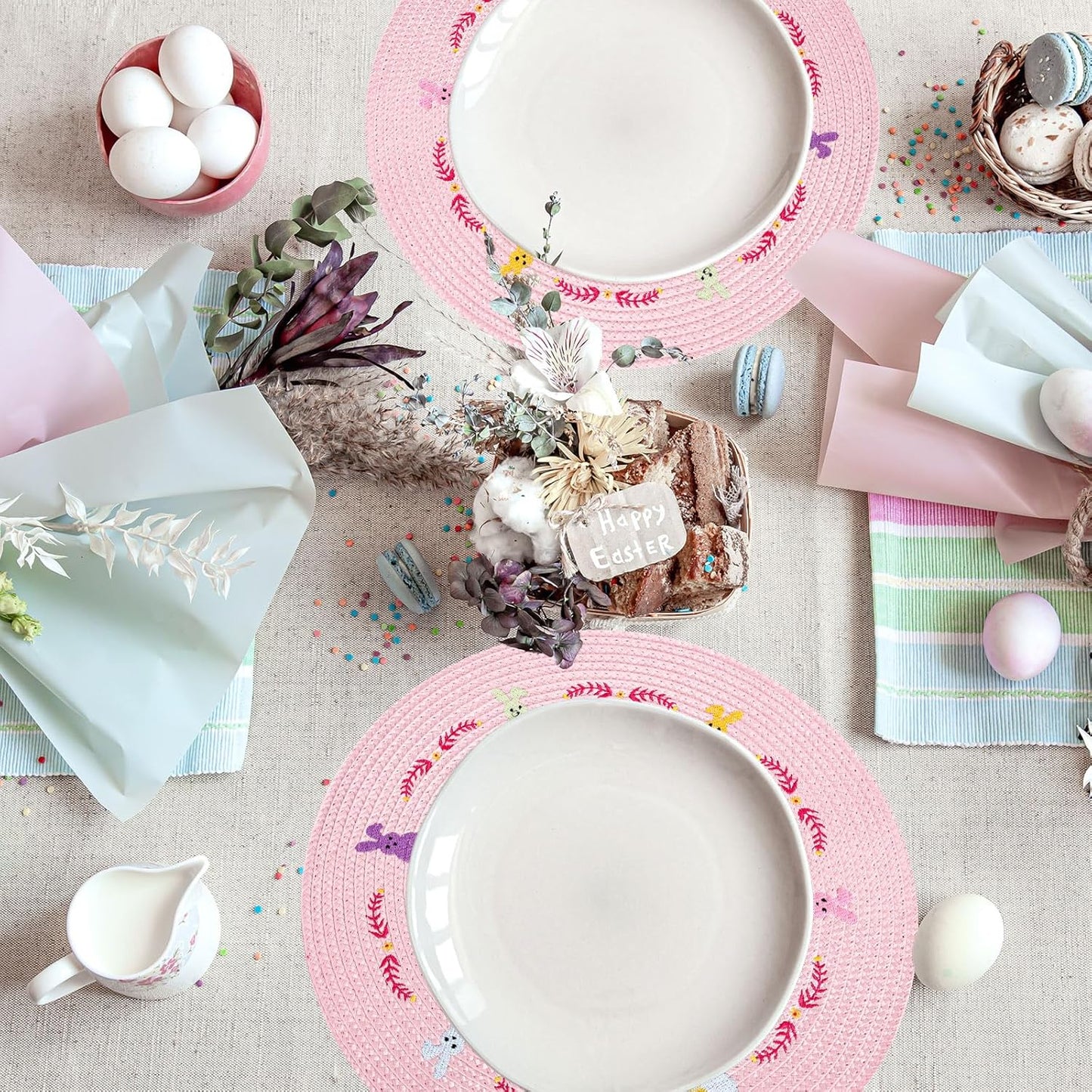 Whaline 4Pcs Round Bunny Easter Placemats Pink Rabbit Embroidered Place Mats Spring Cute Rabbit Dinner Table Mat Easter Dining Kitchen Table Mats for Home Wedding Baby Shower Birthday Party Decor