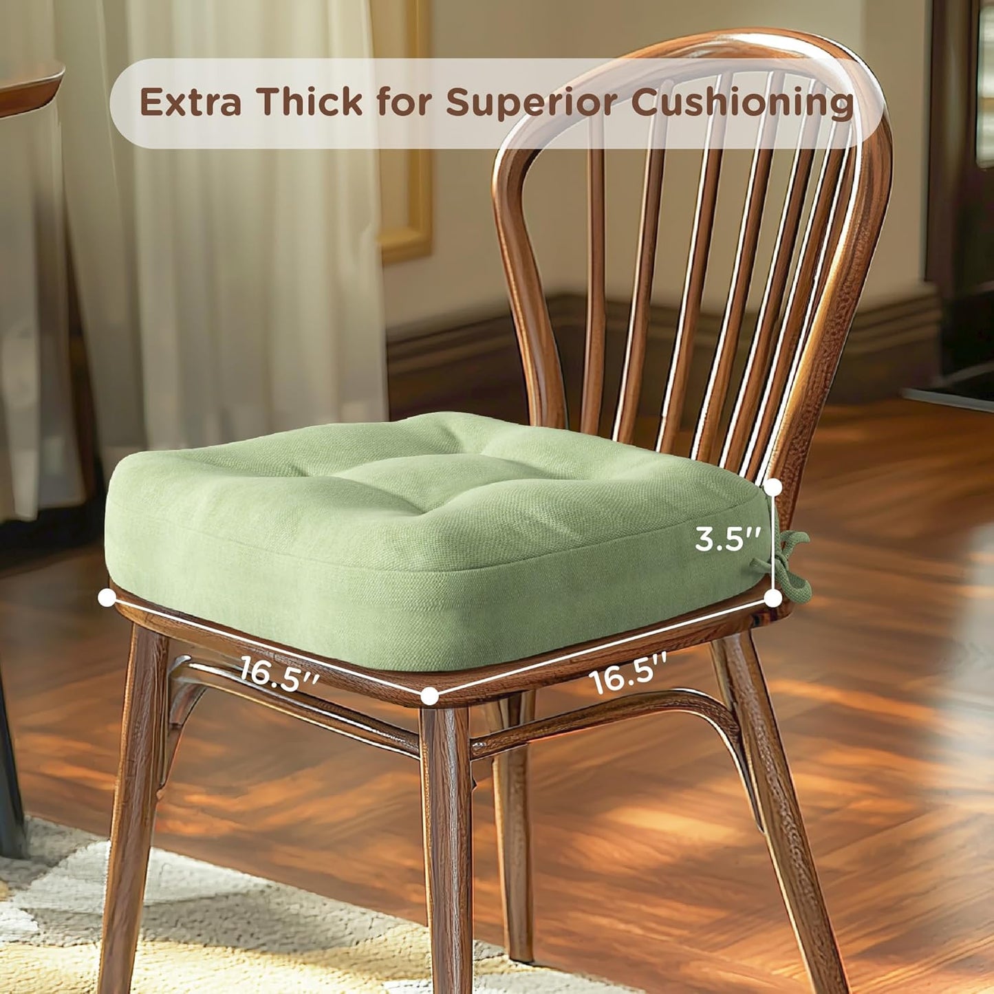 Codi Dining Chair Cushions 4 Pack, Thick Chairs Pads for Indoor Kitchen Room - Washable, Non-Slip Memory Foam Seat Cushion with Ties, 16.5"x16.5"x 3.5", Set of 4, Sage