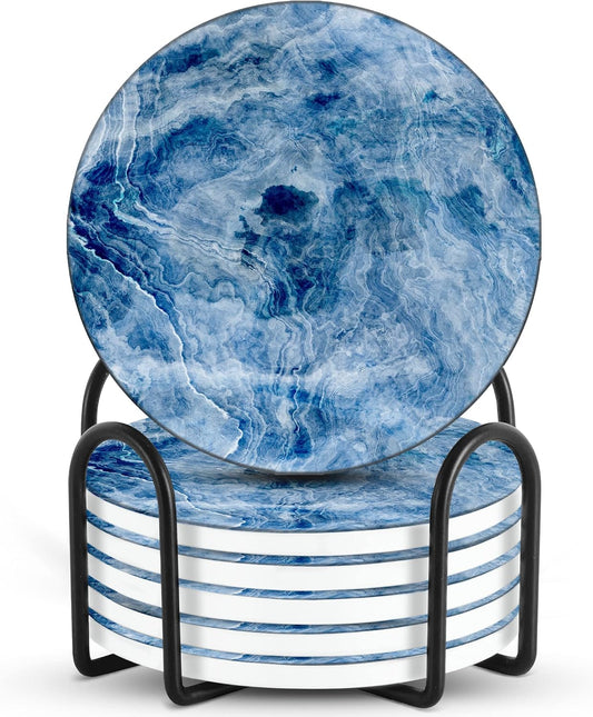 Emerson Coasters for Drinks Absorbent – Natural Stone Drink Coasters Set with Holder, Coasters for Coffee Table, Wooden Tabletop Protection Marble Style – 100% Heavy Duty Set of 6 (Glacier)