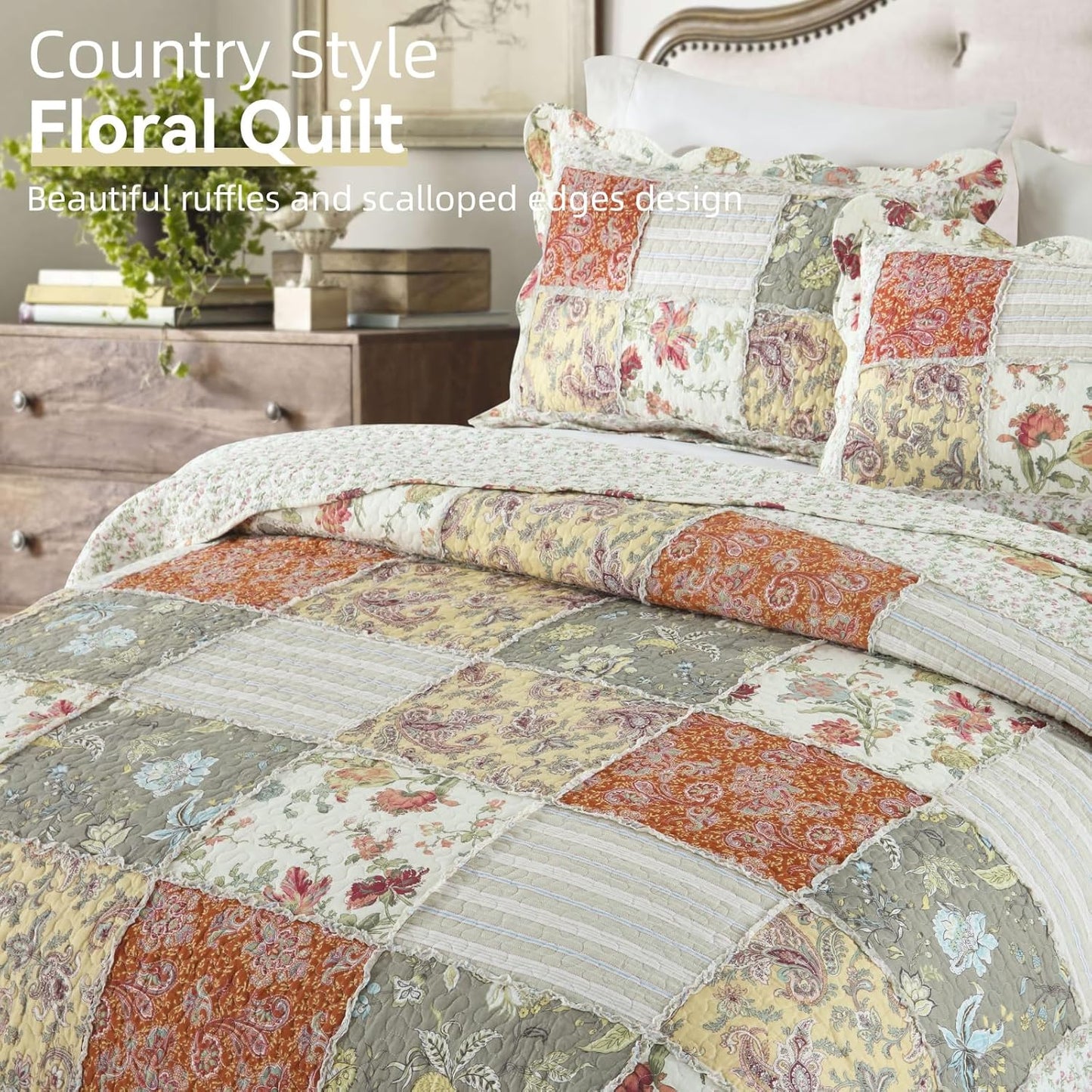Yvooxny 3-Piece Quilt Set King Size Quilted Bedspread Reversible Country Style Floral Real Patchwork Bedding Quilt Set with Ruffles with Pillowcases for All Seasons, 108 * 96 Inches