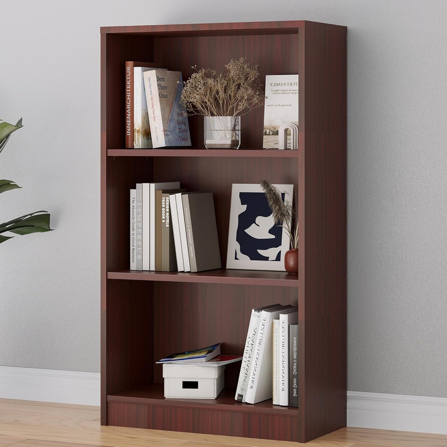 Bookshelf, Open Modern Bookshelf, 3 Shelf Bookcase with Freestanding Display Storage, Wooden Book Shelf for Bedroom, Living Room, Dinning Room, Office,Deep Brown