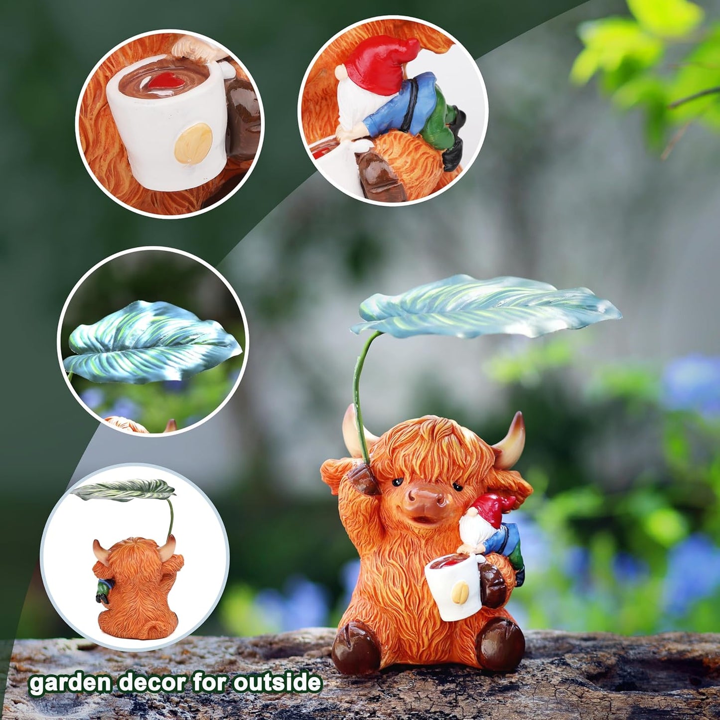 Garden Gnome with Highland Cattle 6.5“ Figurine Ornament for Indoor Outdoor Home Patio Yard Lawn, Red Hat, Blue Outfit, Indoor Outdoor Decorative Statue