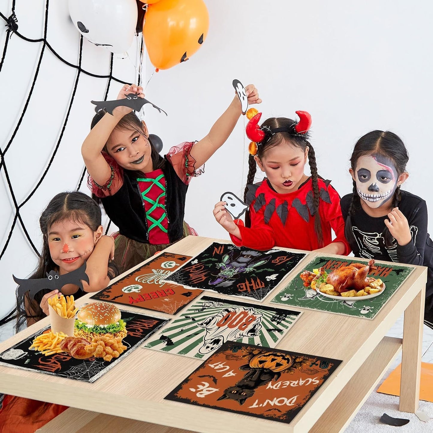 Halloween Placemats Set of 6 Vintage Plastic Table Mats Black Cat Place Mats Washable Ghost Witch Bat Rectangle Skull Table Decoration for Indoor Outdoor Party Kitchen Dining