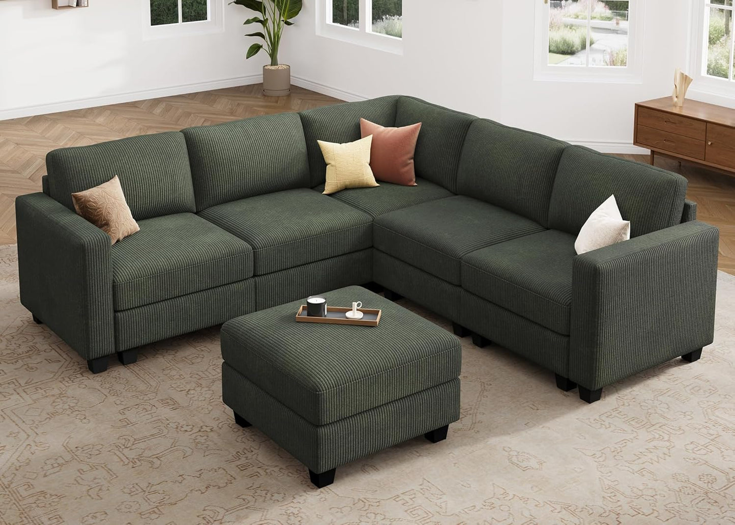 HONBAY Corduroy Modular Sectional Couch with Storage L-Shaped Sectional Couches for Living Room 6 Seater Modular Sofa, Green