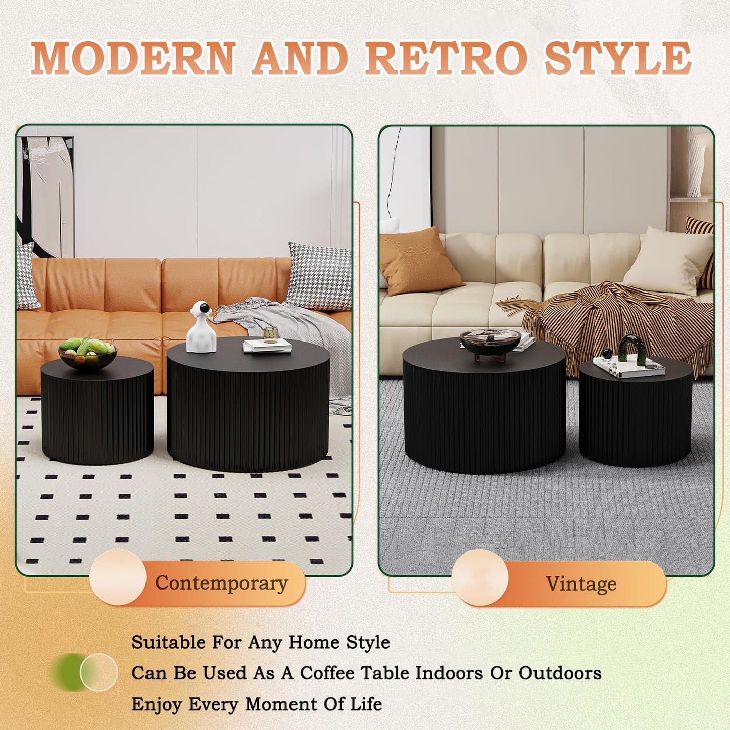 Round Nesting Coffee Table Modern Fluted Coffee Table Set of 2 Circle Drum Coffee Tables Small Round Accent Side End Table for Living Room No Assembly (Black A 27in)