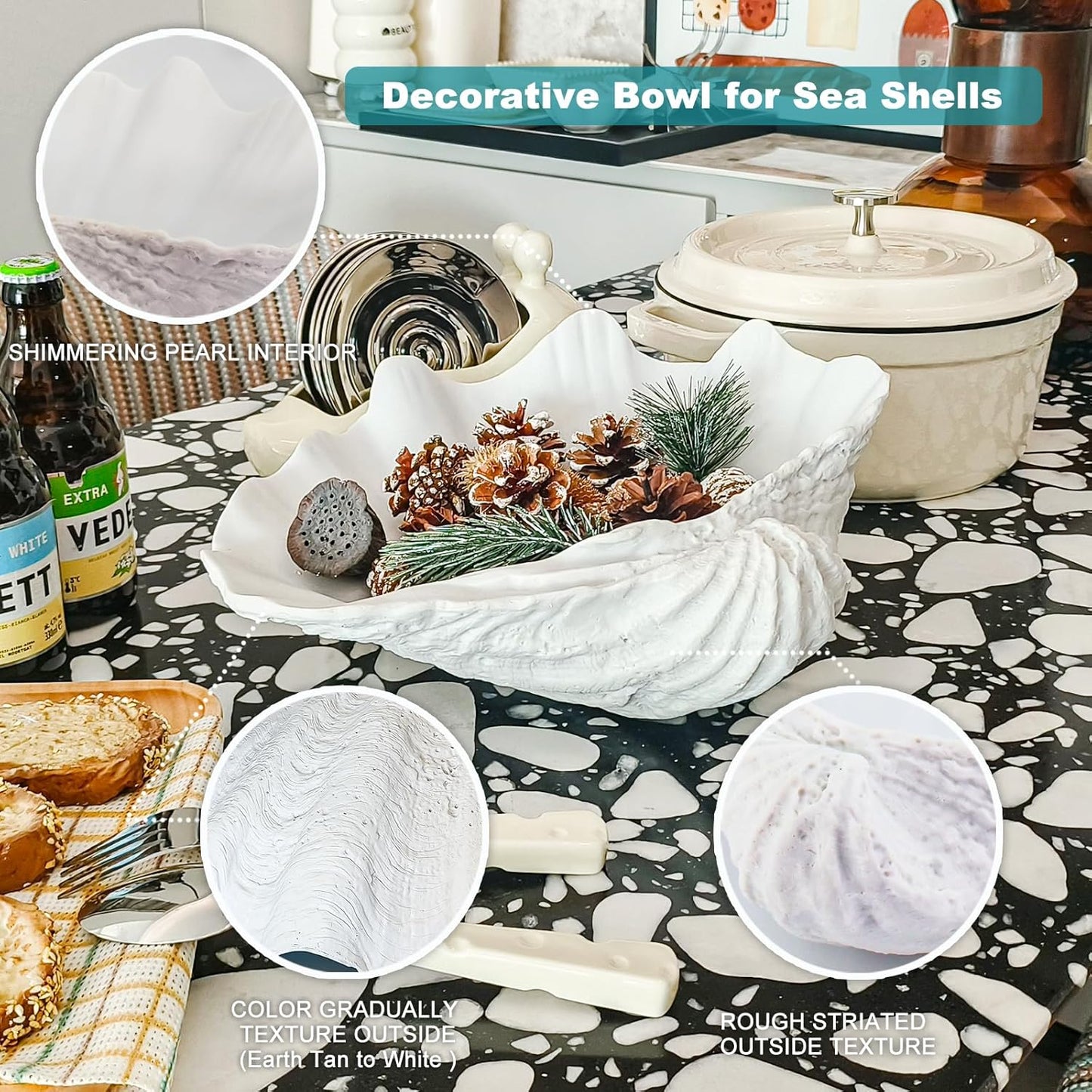 Accessoryway Extra Large Clam Shells Decorative Bowl-White Sea Shells Decorative Storage Bowls for Coastal Beach theme house table centerpiece decorations & Nautical decor for coffee table-12.4"-1PC