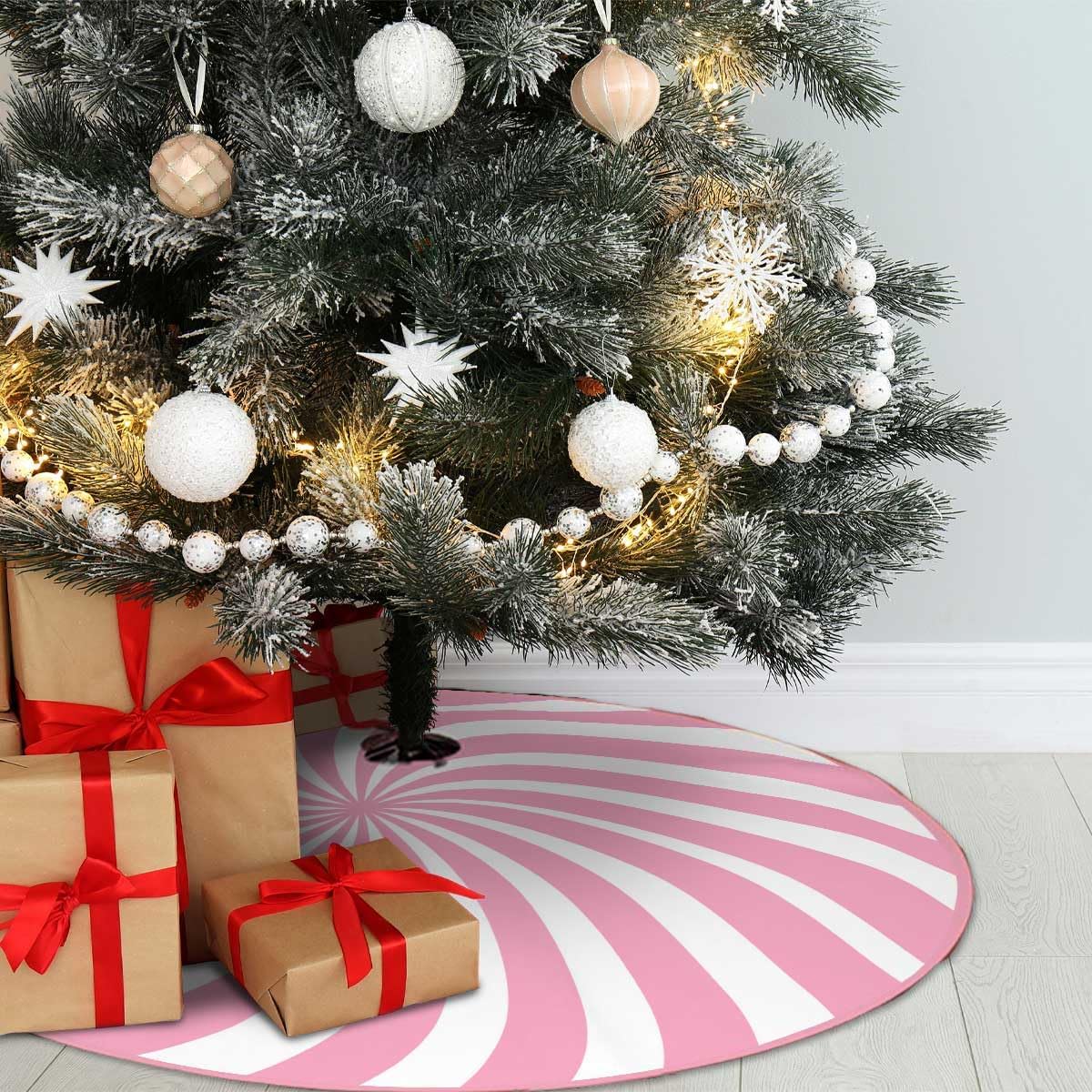 Swirl Stripe Christmas Tree Skirt 30 inches Sweet Candy Cane Pink Christmas Decorations Xmas Tree Mat Holiday Party Home Decorations (Pink, 30in)