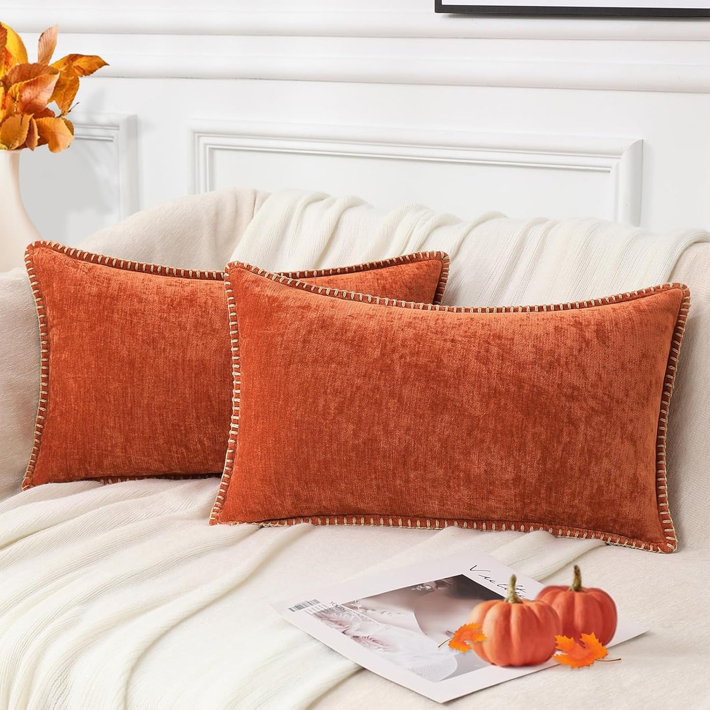 decorUhome Fall Chenille Soft Throw Pillow Covers 12x20 Set of 2, Lumbar Velvet Farmhouse Neutral Decorative Euro Pillow Covers with Stitched Edge for Couch Sofa Bed Home Decor, Rust