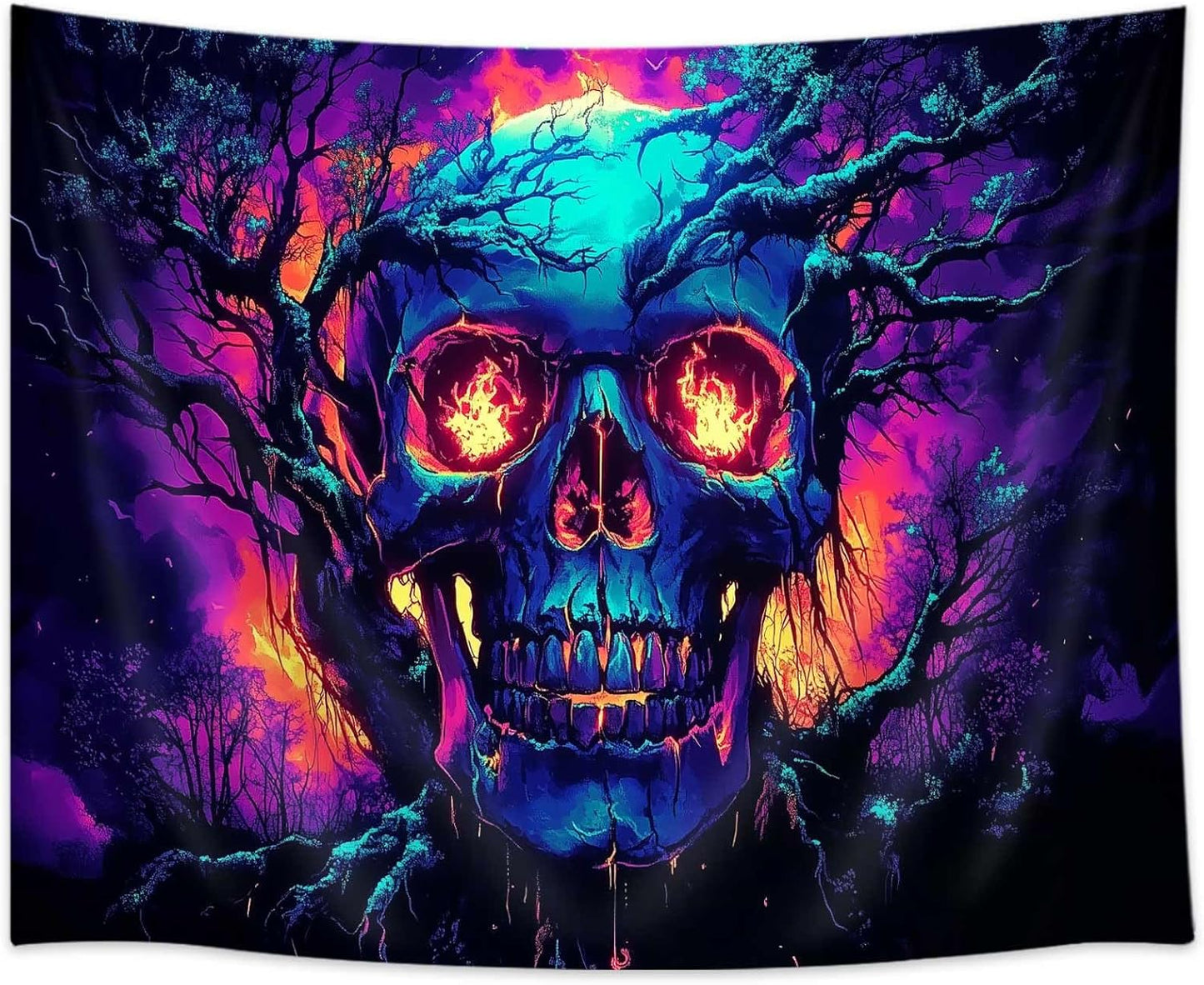 Xiaoput Blacklight Fire Skull Tapestry for Bedroom, Trippy UV Reactive Burning Skeleton Forest Wall Hanging Tapestries, Scary Dark Horror Glow in the Dark Tapestries for Living Room Home Dorm 80X60IN
