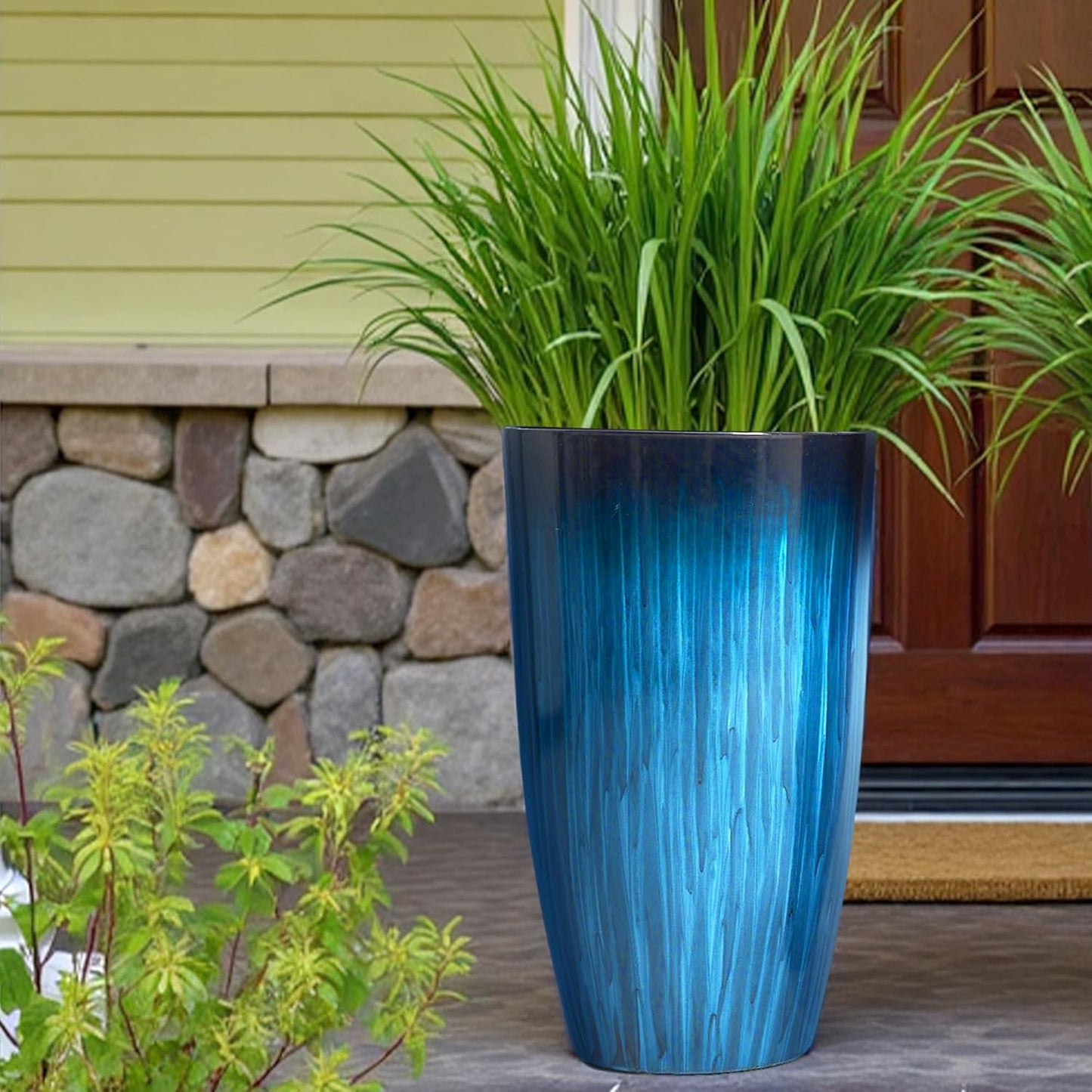 Worth Garden 20" H. Large Plastic Planters - Set of 2 Gradient Blue Glossy Smooth Finish - Tall Plant Pots for Indoor & Outdoor Use - Decorative Lightweight Flower Pots for Front Porch, Patio, Deck