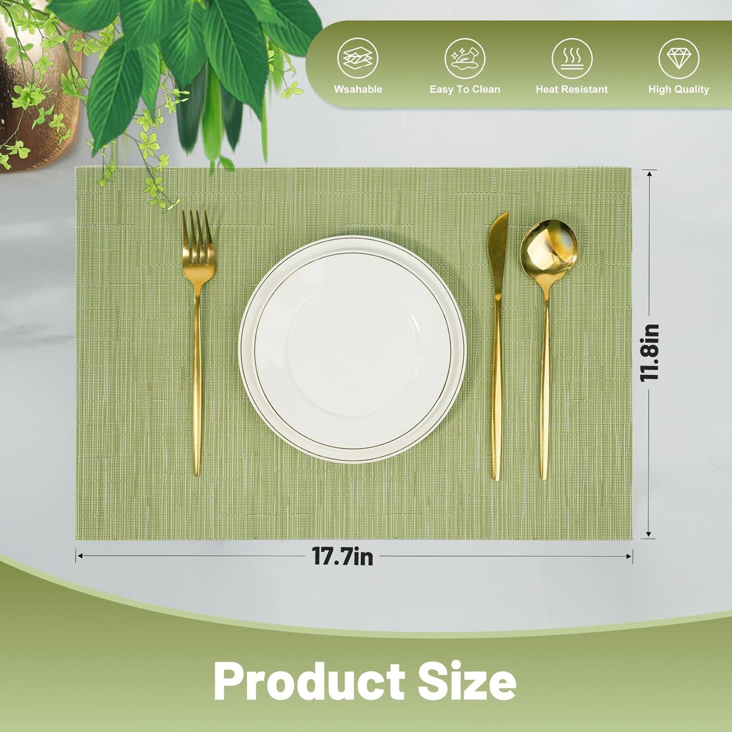 Placemats Set of 12，Non-Slip PVC Weave Table Mats Easy to Clean，Heat Resistant Place Mats for Kitchen Dining Table Decoration Indoor Outdoor，Pea Green