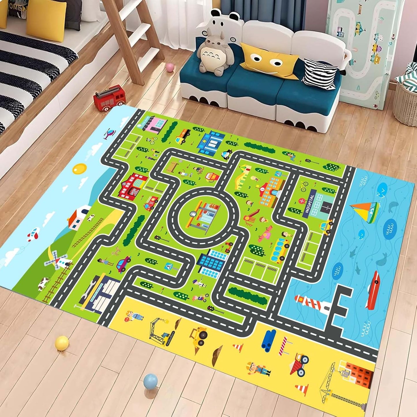 Kids Rug Playroom Car Rug Play Mat City Life Road Rugs Fun City Map for Kids Toy Cars Carpet for Bedroom Boys (Green-Rug, 5.2x7.9ft)