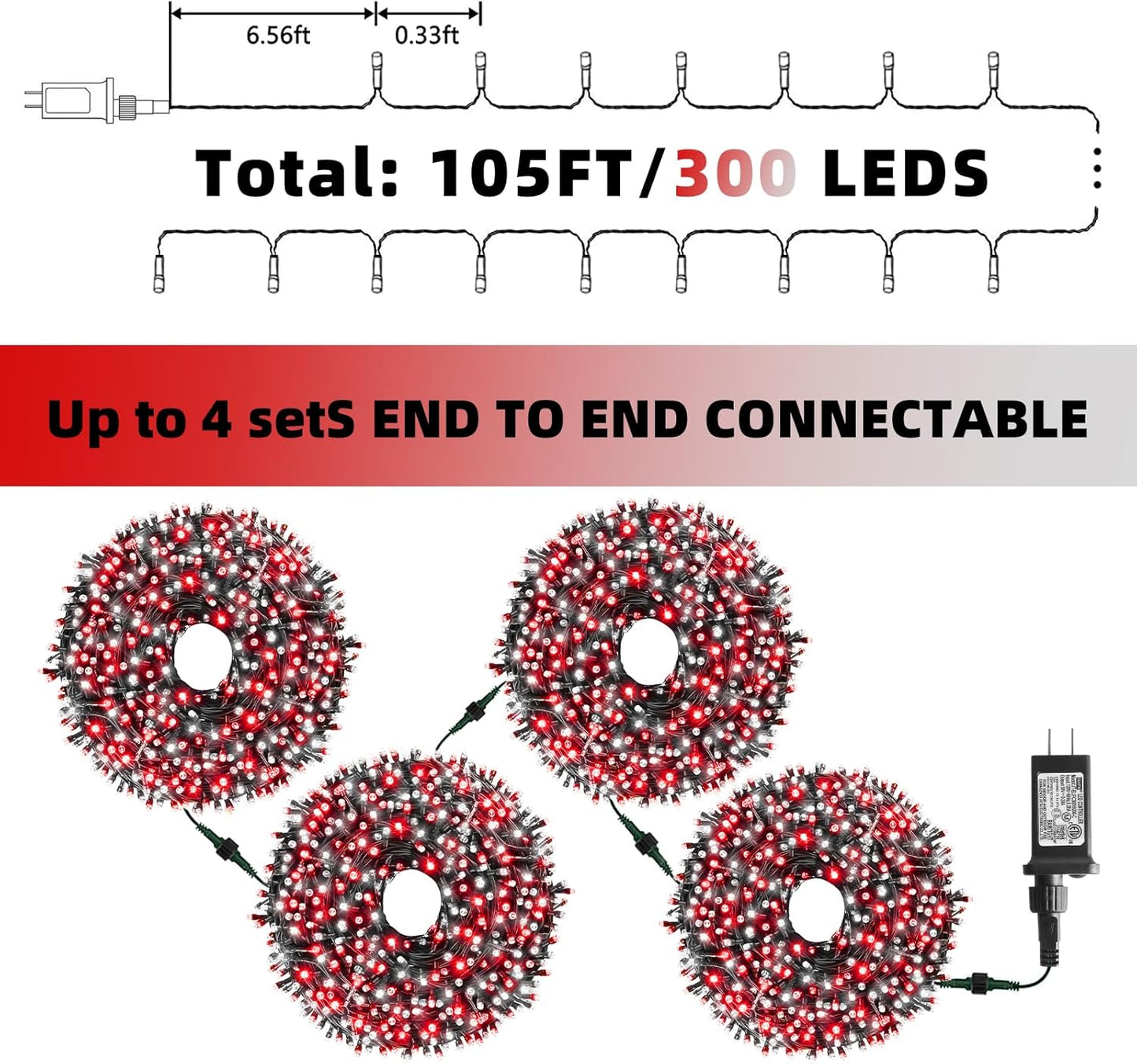 XTF2015 Christmas String Lights, 105ft 300 LED Christmas Lights 8 Modes Memory Function & Timer- UL Certified - Outdoor Indoor Christma s Fairy Lights for Tree, Garden, Party, Wedding(Red + White)