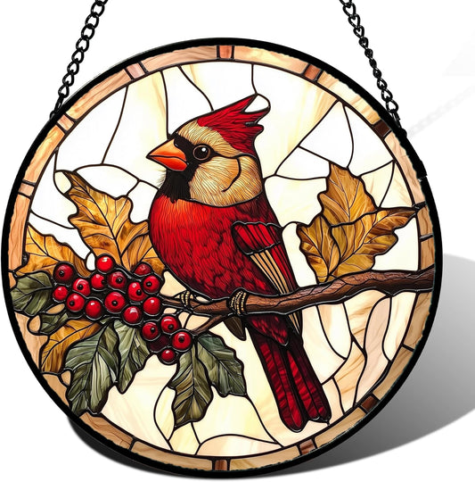 Stained Glass Window Hanging, Birds on a Branch Cardinal Sun Catchers Diamond Glass Panel Hangings Suncatcher Decor for Birthday for Women, Men, Wife, Aunt, and Mom 14.9x14.9 in
