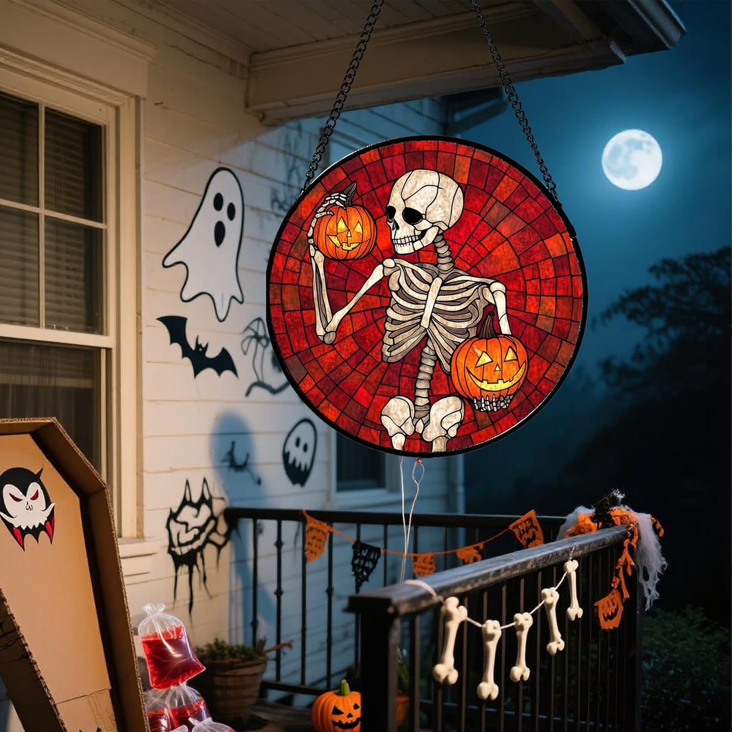 Stained Glass Window Hanging - Halloween Decorations Skeleton Pumpkin Suncatcher for Doors Garden Indoor Spooky Funny Sun Catchers Gothic Decor Horror Gifts for Women Men Friend 7.8 in