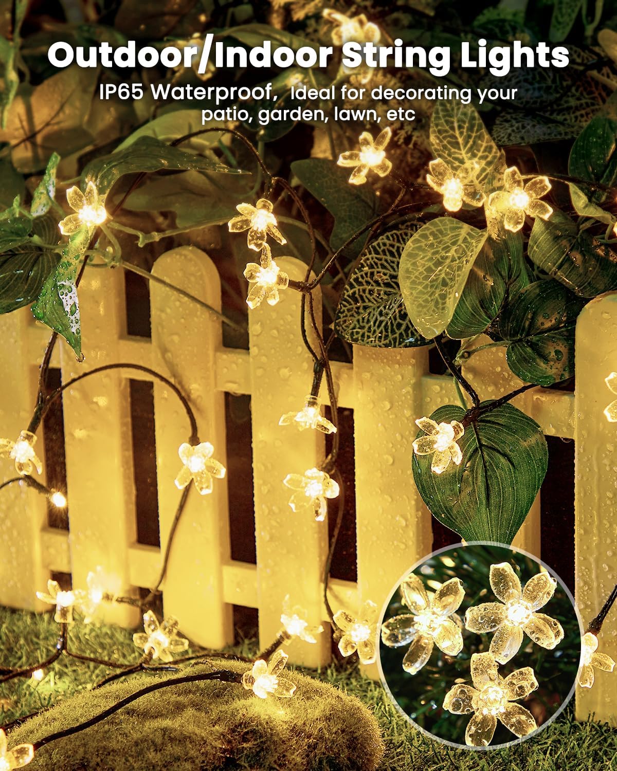 Brightown 60 LED Solar String Lights Flower Outdoor Waterproof Fairy Lights for Garden Yard Fence Patio Christmas Tree Wedding Party Decor, Warm White