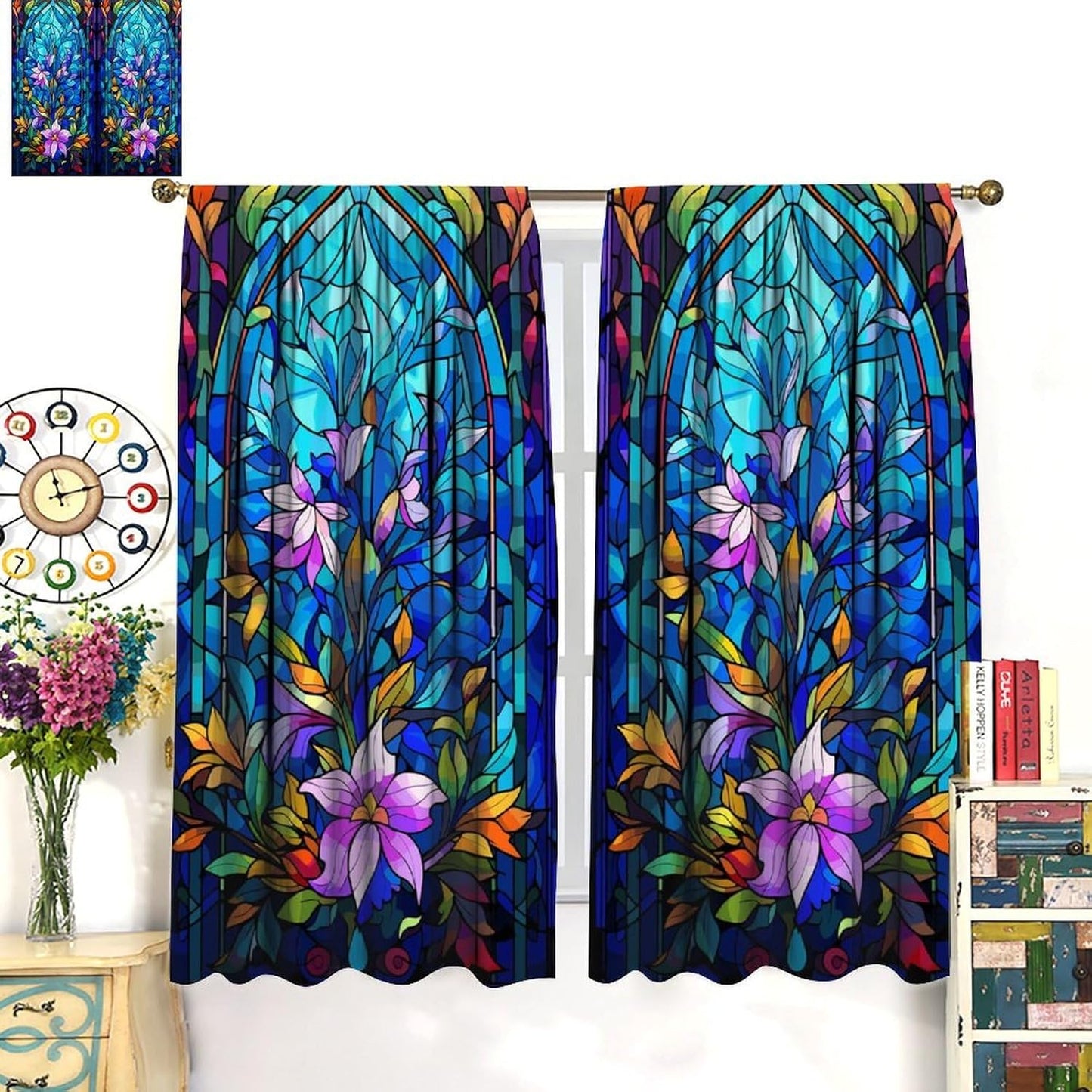 Stained Glass Curtains,Abstract Colorful Floral Geometric Art Home Decor Drapes for Bedroom Living Room Kitchen Window Treatment 2 Panels Set Total Size 55" W X 63" L Inch