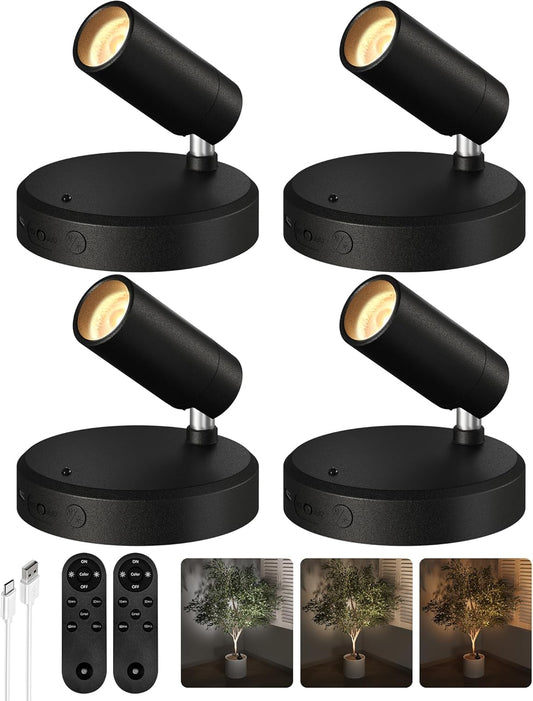 EZVALO Spotlights Indoor with Remote,5500mAh Rechargeable Picture Lights, Wireless LED Uplighting with Timer＆Dimmable, 3CCT,Mini Plant Spot Lights for Painting,Artwork,Accent Lighting(4Pack-Black)