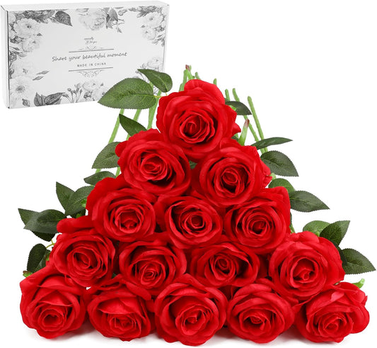 Red Fake Roses Artificial Flowers - 16 Pcs Fake Artificial Roses Silk Flowers with Stems for Home Wedding Hotel Office Centerpiece Decor