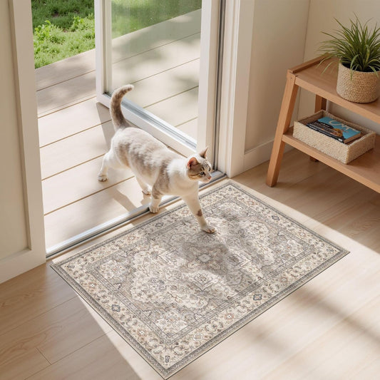 Washable Area Rugs for Living Room -2x3 Neutral Vintage Distressed Floral Farmhouse Boho Large Soft Floor Rug Indoor Non Slip Carpet for Bedroom Dining Room Office - Brown/Multi