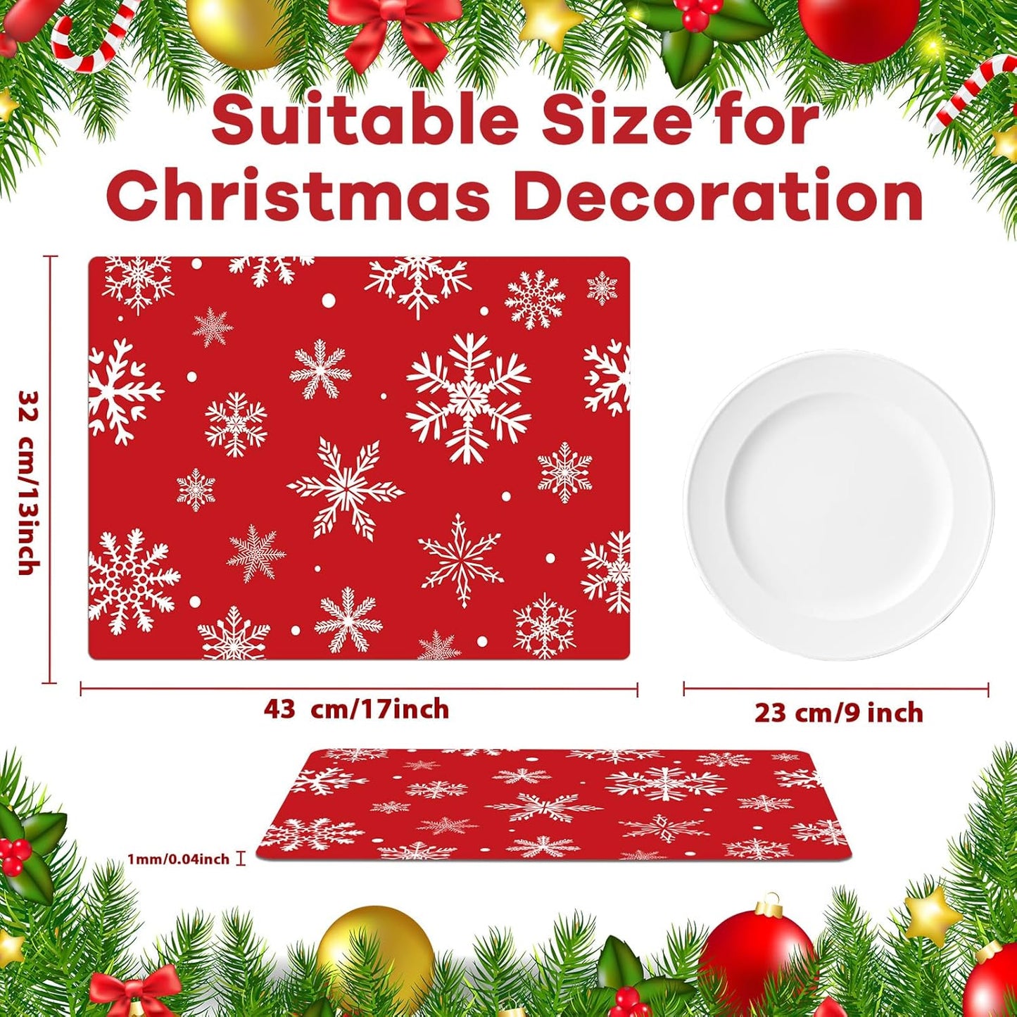 Christmas Placemats Set of 6 Christmas Red and White Snowflake Plastic Table Mats Winter Place Mats Washable Seasonal Xmas Winter Holiday Table Decoration for Indoor Outdoor Party Kitchen Dining