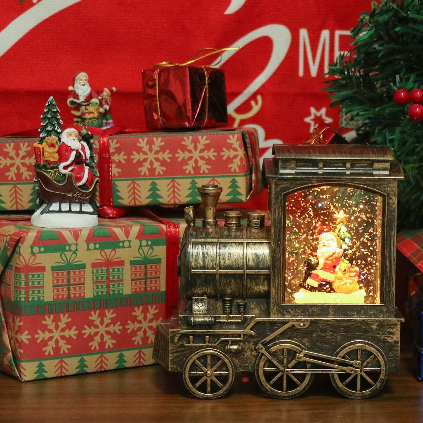 GenSwin Christmas Snow Globe Lantern Train Water Swirling Glitter with 6H Timer, Musical LED Lighted Battery Operated Santa Claus Scene for Christmas Home Decoration and Gift(Copper)