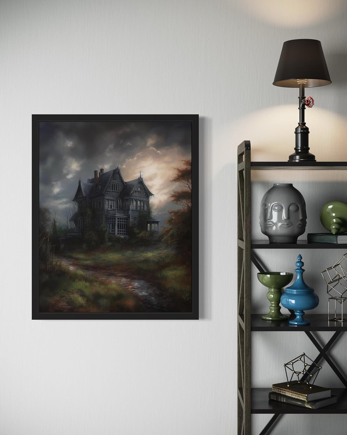 Haunted House Poster Art Print, Halloween Scary Vintage Wall Art Academia Spooky Painting Decoration for Horror Prints, Gothic Posters Bedroom Decor 89 (Haunted House, 8 x 10 inches, Black Frame)
