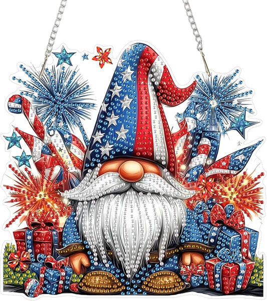 SENQAO Gnome Diamond Art Hanging Kit for Adult, Special Shaped Rhinestone, Double Sided DIY Acrylic Diamond Art Painting Window Pendants Home Garden Wall Hanging Kits Hanging Ornament(4Th of July)