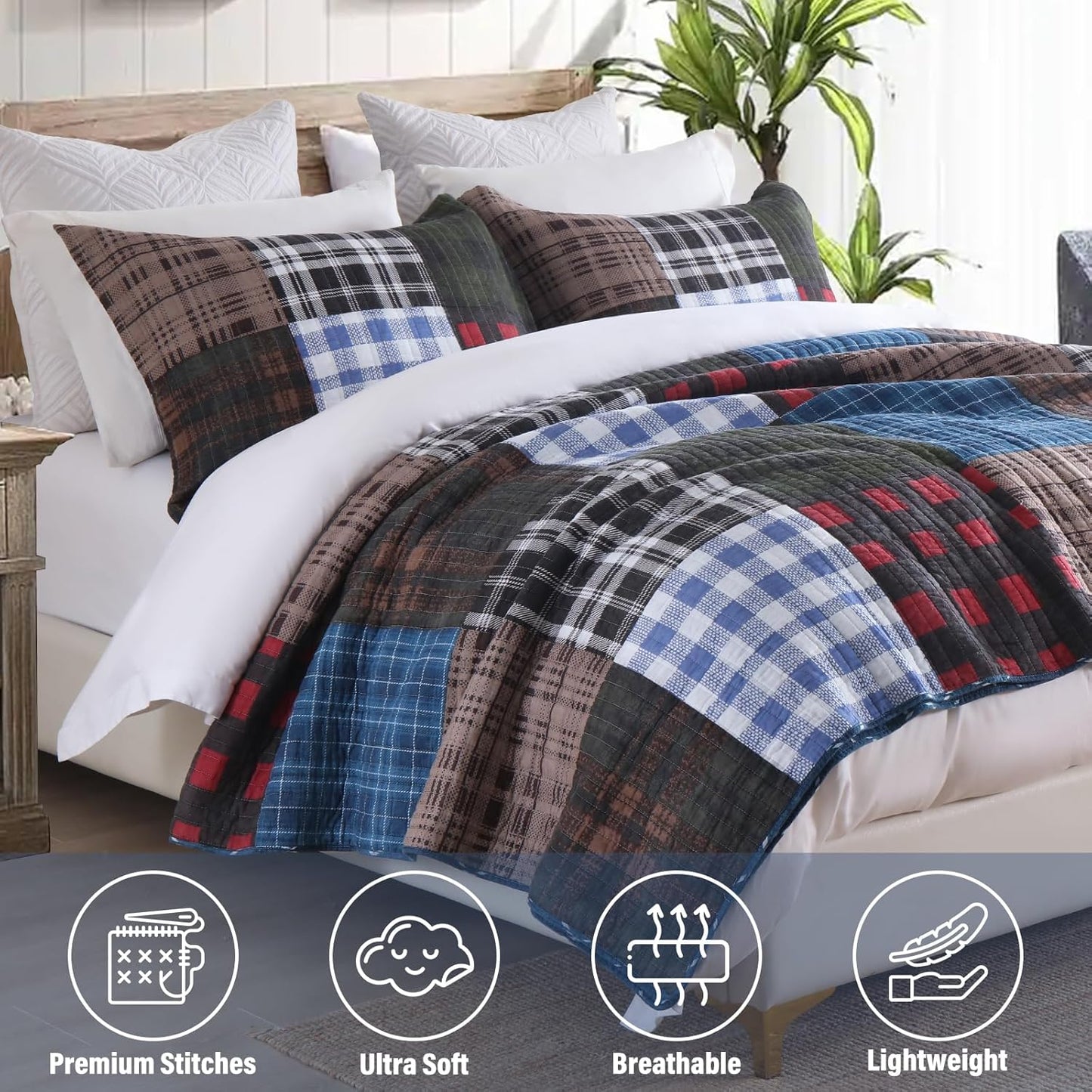 NEWLAKE Quilt Set Queen Size, Cotton Patchwork Blue Black Checkered Patterns Quilt Sets, Reversible Bedspread Lightweight and Breathable for All Seasons, Soft Quilted Bedspread with 2 Pillow Shams