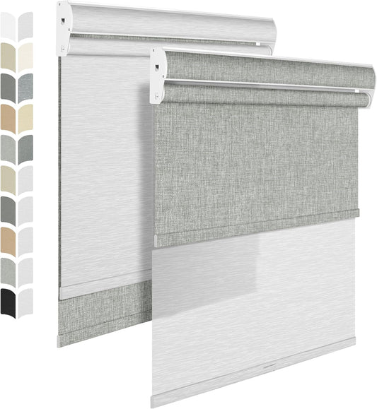 BERISSA Cordless Dual Roller Shades with Cassette Valance,Double Window Shades Blackout and Light Filtering Shades,Day and Night Roller Shades for Home Office Door.Linen Grey and White.47 W x 64" H