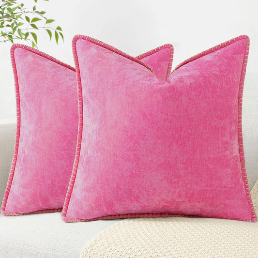 decorUhome Chenille Soft Throw Pillow Covers 20x20 Set of 2, Farmhouse Velvet Neutral Decorative Euro Pillow Covers with Stitched Edge for Couch Sofa Bed Home Decor, Hot Pink