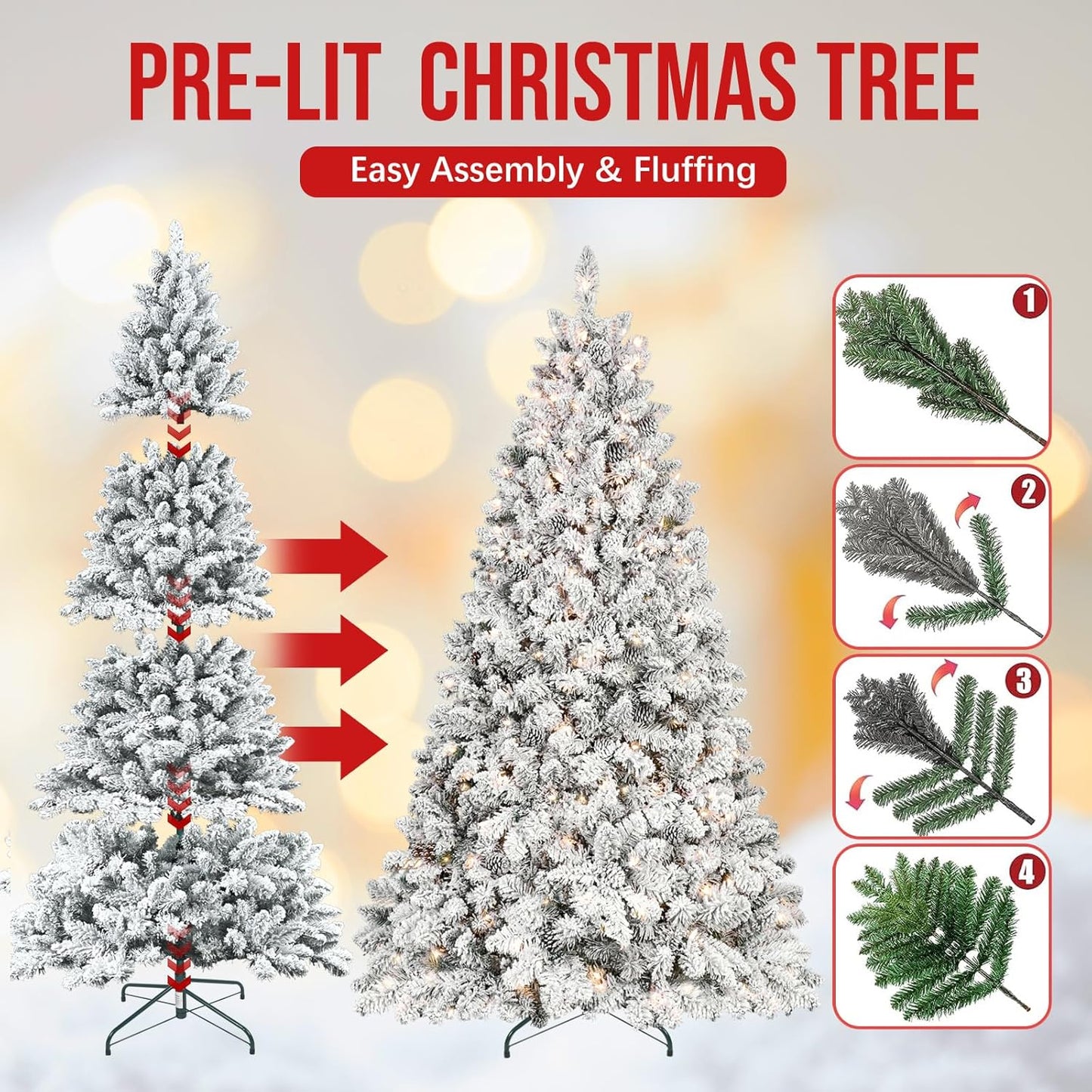 8 ft Flocked Snow Frosted Artificial Christmas Tree with 700 UL Lights & Pine Cones, 1754 Tips, Auto Hinged Easy Setup Full Prelighted