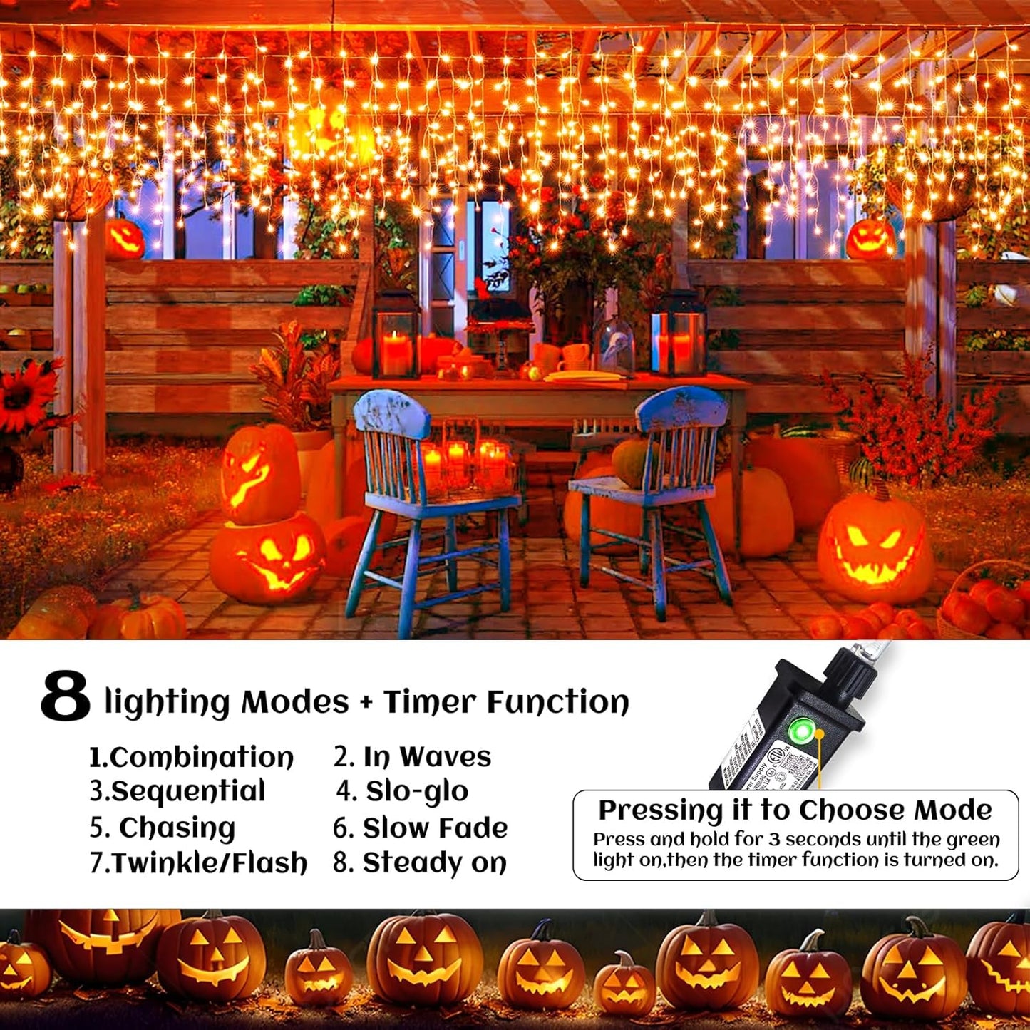 Orange Halloween Lights Outdoor Indoor, 66ft Icicle Lights for Outside, 640 LED Twinkle String Lights with 120 Drops Clear Wire Short Curtain Lights for Room Home Wall Bedroom Decor