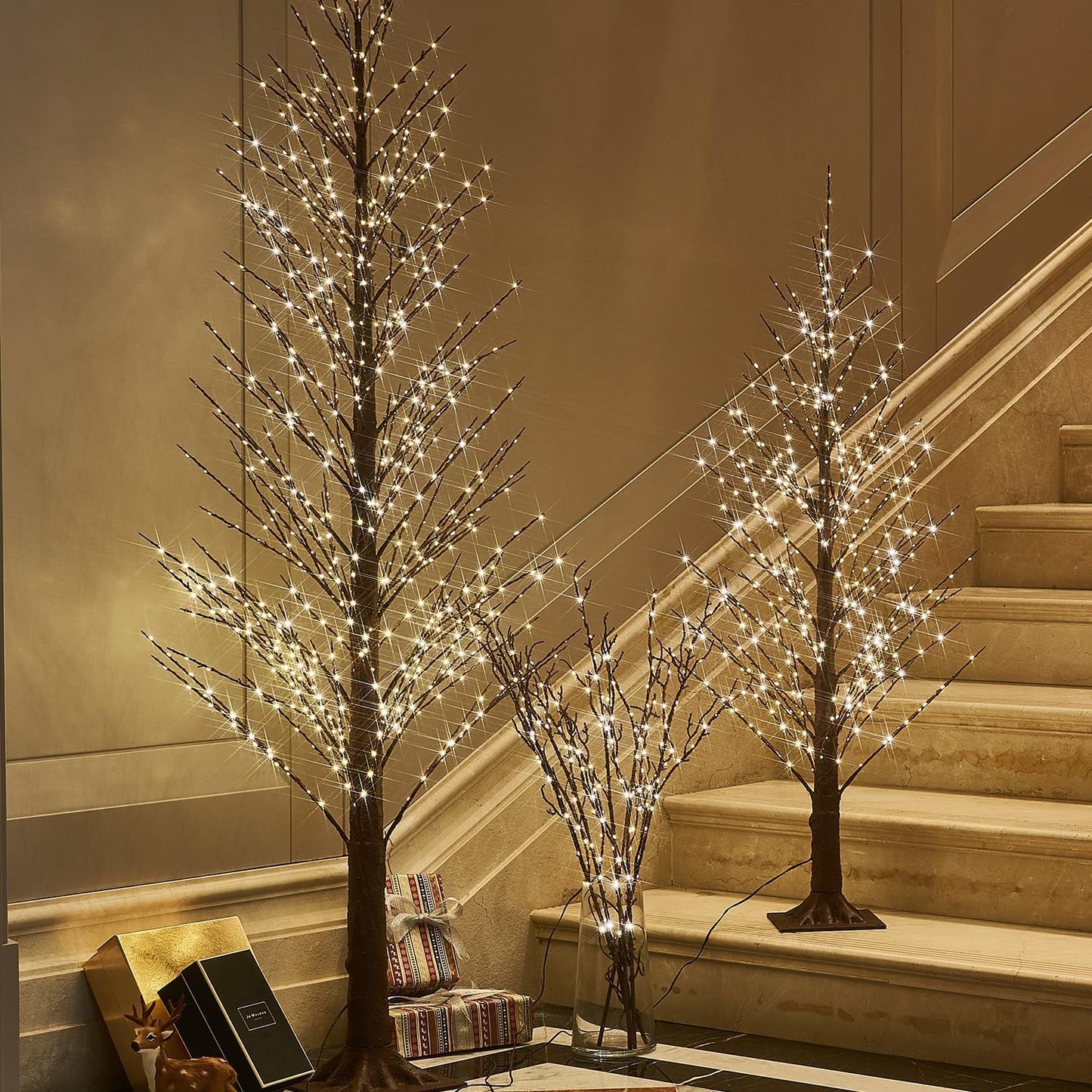 Fudios Lighted Branches Plug in 32IN 200 LED Mantle Winter Decor, Brown Twig Branch Lights for Christmas Holiday Party Indoor Outdoor