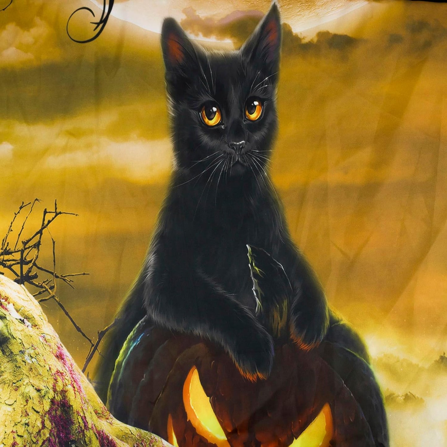 LB Halloween Wall Art: Horror Witch Cat & Dead Tree Pumpkin Lights - Spooky Graveyard & Misty Forest Wall Tapestry for Bedroom & Living Room - 59x51 Inches