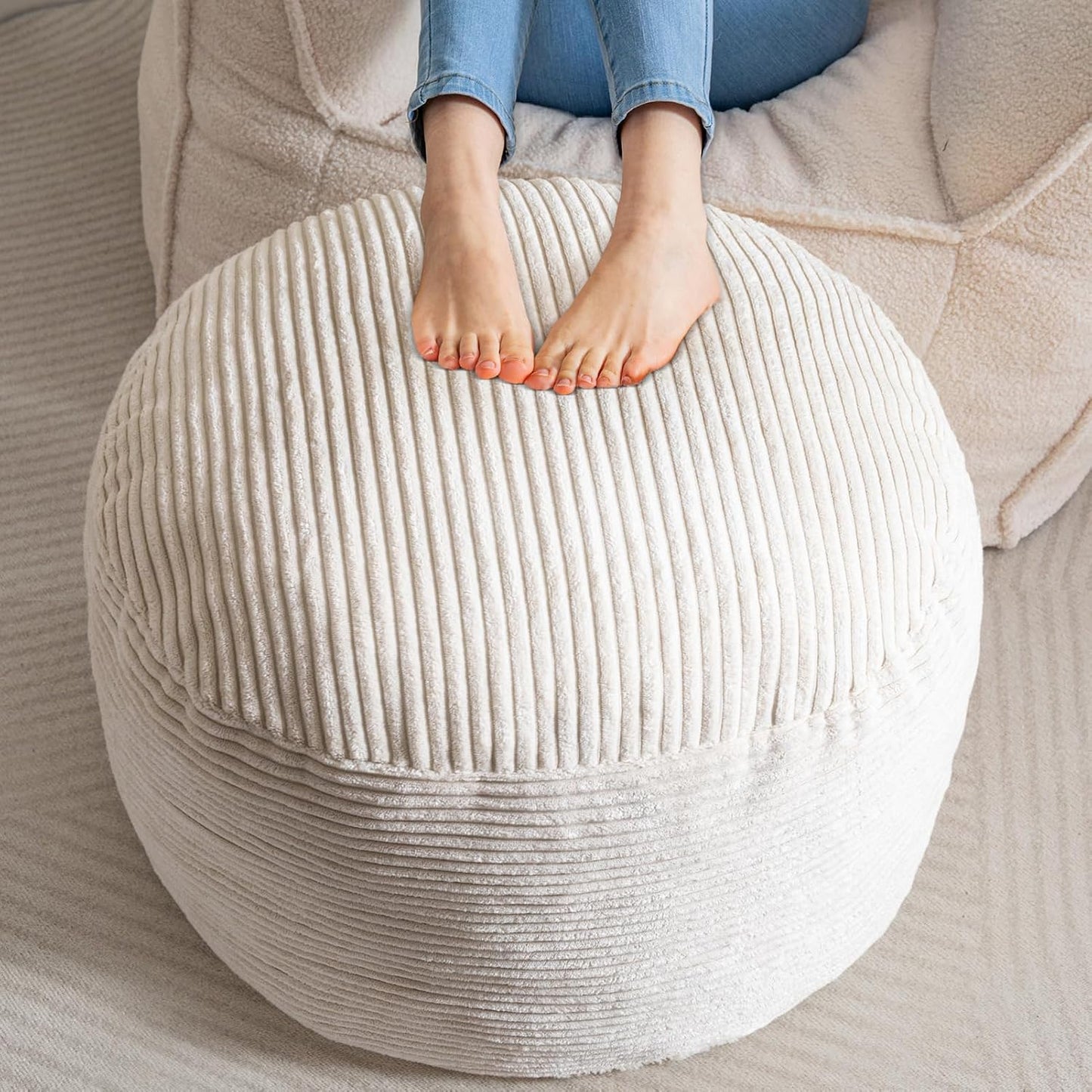 HIGOGOGO Round Stuffed Pouf Ottoman, Corduroy Poufs with Foam Chunk Filling, Furry and Fluffy Pouf Foot Stool Storage Ottoman, 26 X 18 Floor Poufs Foot Rest for Living Room, Beige