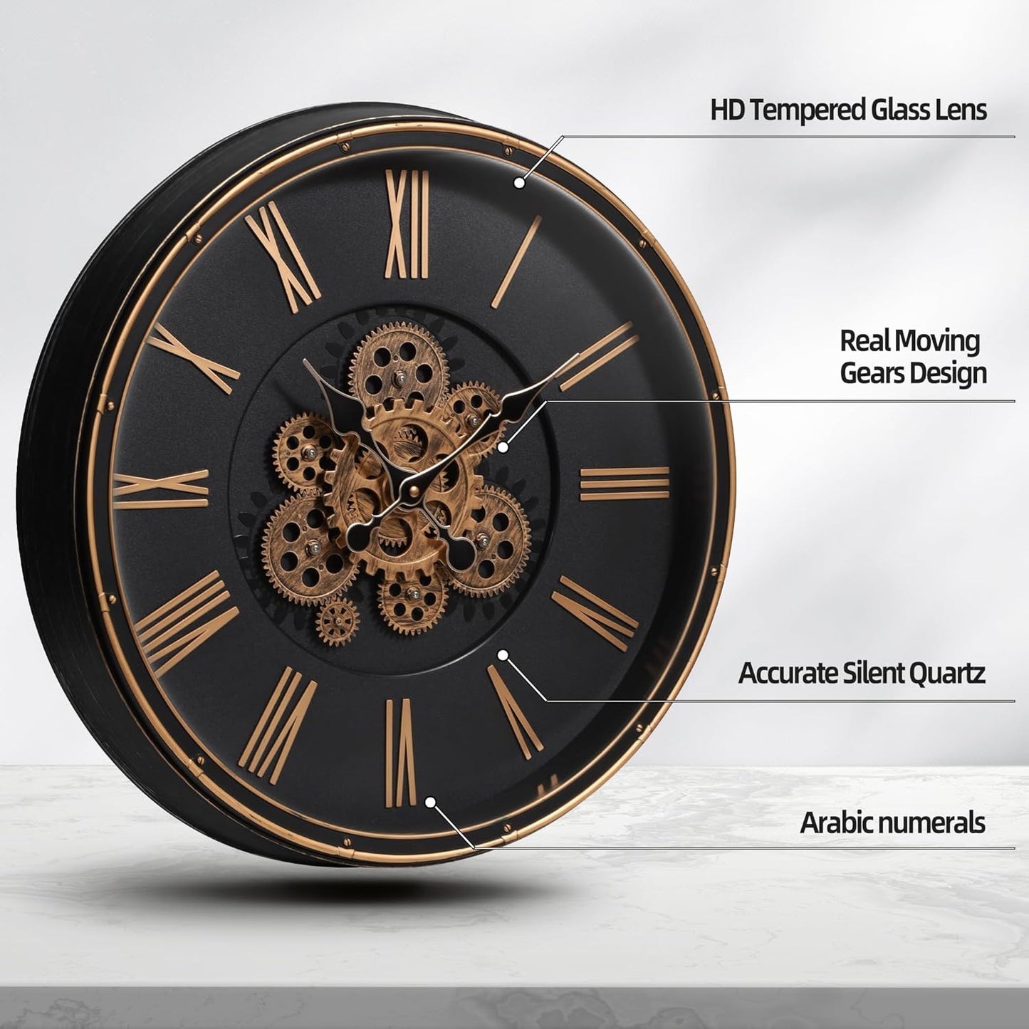 Maxstar Large Moving Gear Wall Clock,20" Vintage Mechanical Battery Operated Industrial Wall Clocks for Farmhouse Living Room,Home Office, Dinning Room, Kitchen, Steampunk Decor-Gold,Roman Numeral