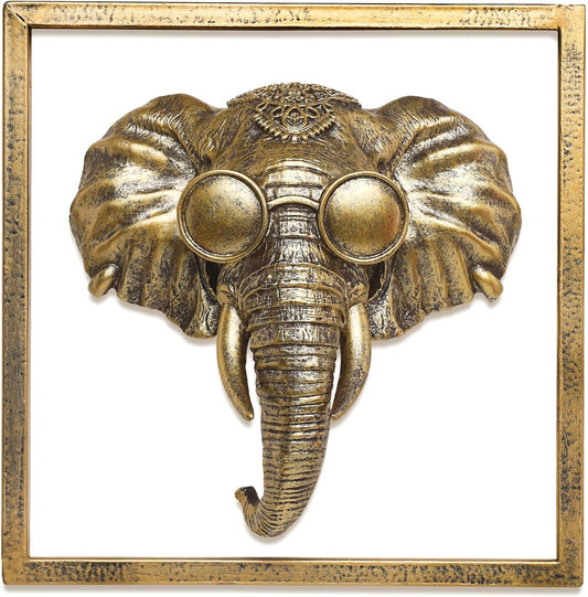 Animal Heads Wall Decor (Includes Metal Frame) Resin Animals Sculptures Head Wall Hanging Decoration Gold vintage Wall Sculpture for Living Room Bedroom Office (Elephant)