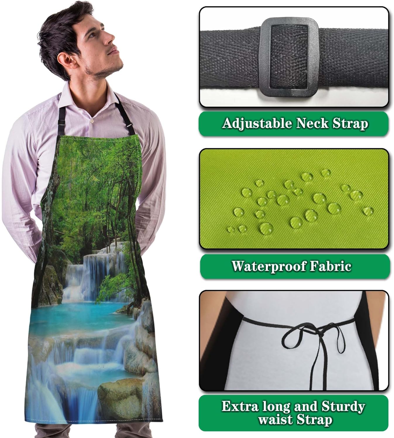 Kitchen Apron for Men Waterfalls Forest Creek Landscape Trees Cooking Aprons for Women for Cooking Restaurant BBQ Painting Crafting Gardening 27” (W) x 31” (H), Waterproof Aprons