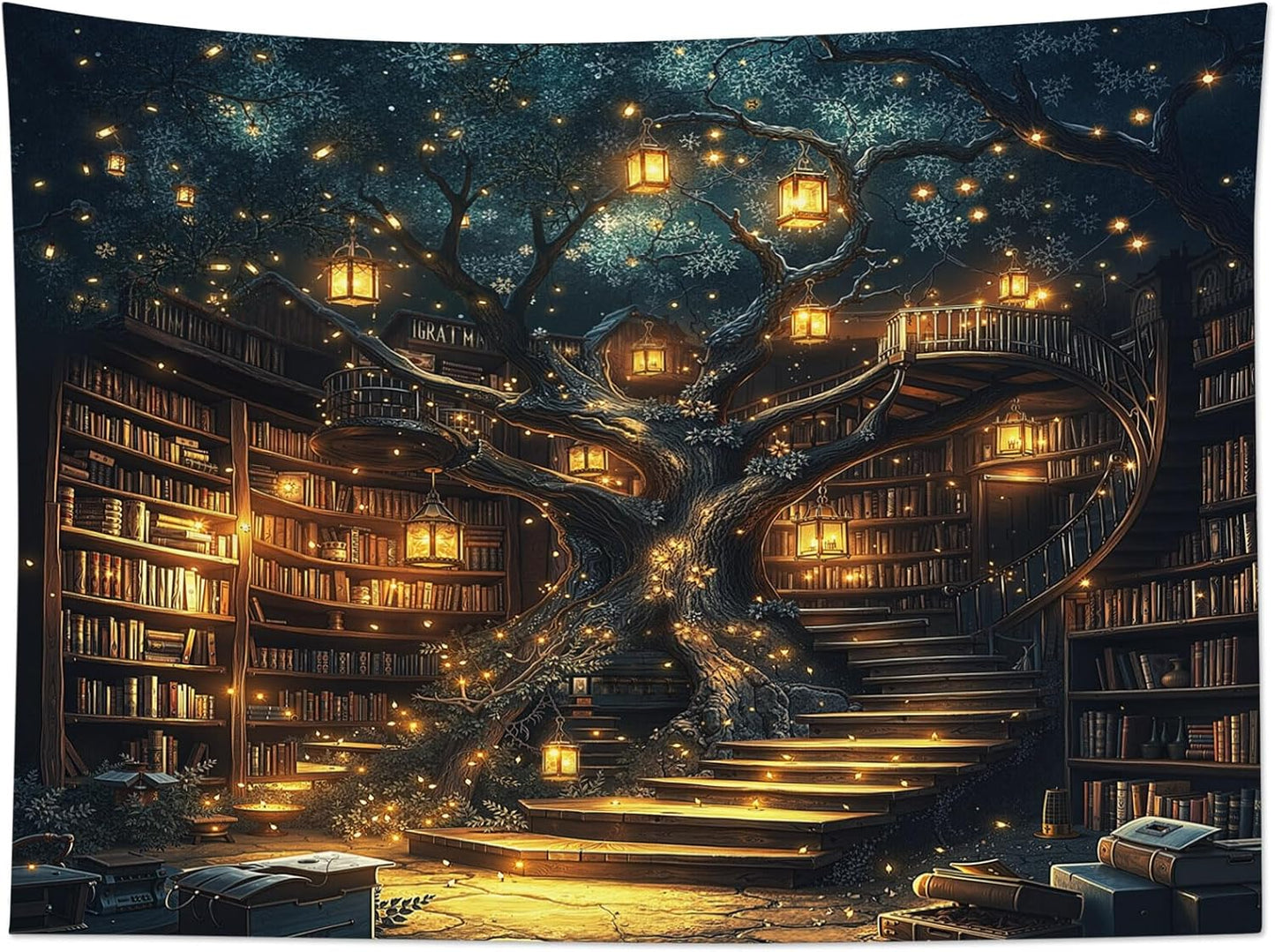 HVEST Fantasy Library Tapestry Fairytale Tree Vintage Bookshelf Tapestry for Bedroom Retro Bookshelf Book Wall Decor for Classroom Study Room College Room Dorm, 40L x 60W Inches