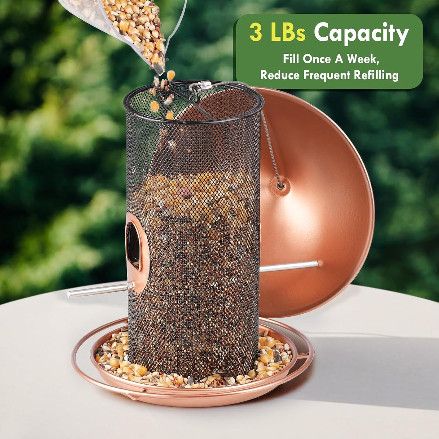 Bird Feeder for Outdoor, Metal Wild Bird Feeder Hanging Outside, 7.5" Copper Roof and 360 Degree Feeding Tray with 2 Extra Feeding Ports, 3 Lbs Bird Seeds Capacity