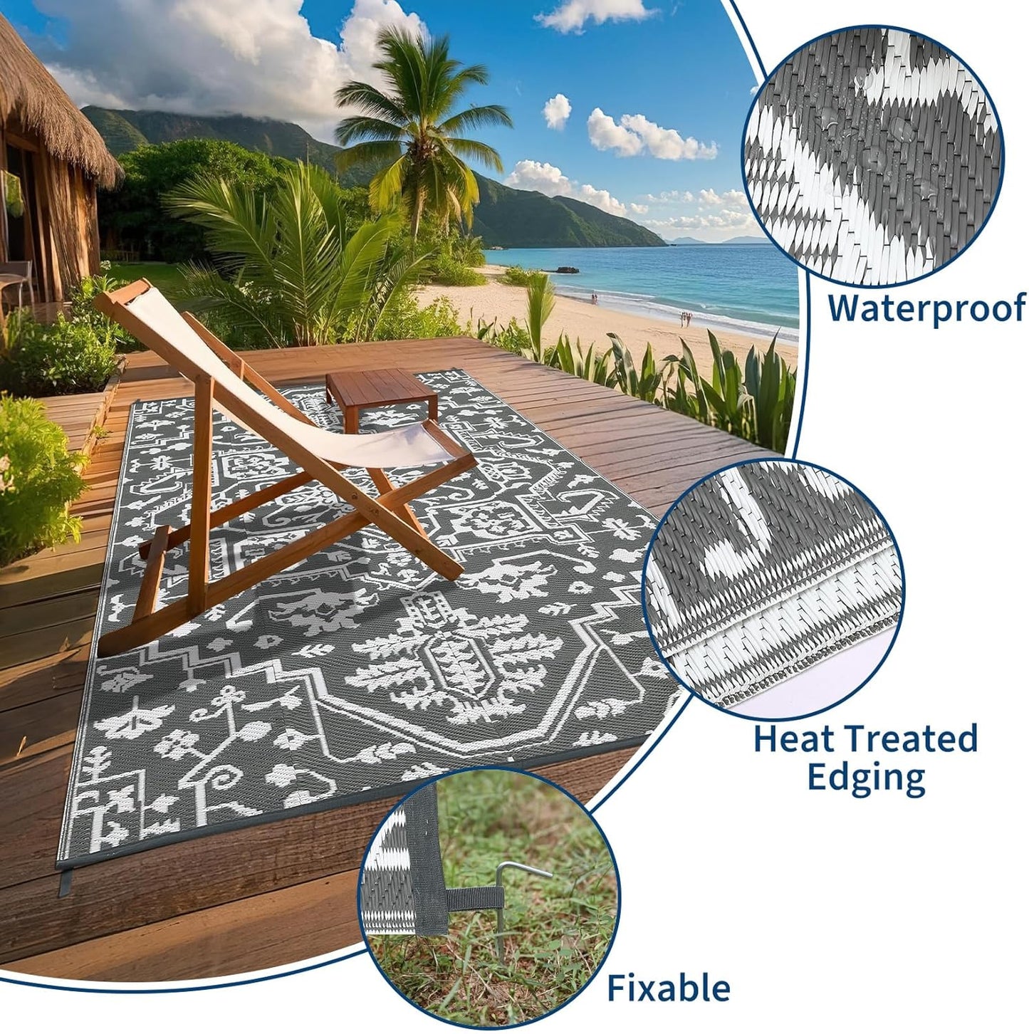 Outdoor Rug 9x12 Waterproof Reversible Plastic Straw Patio Rug, Stain-Resistant Vintage Medallion Carpet, Large Easy-Cleaning Indoor Outdoor RV Mat for Deck, Camping, Balcony, Grey White