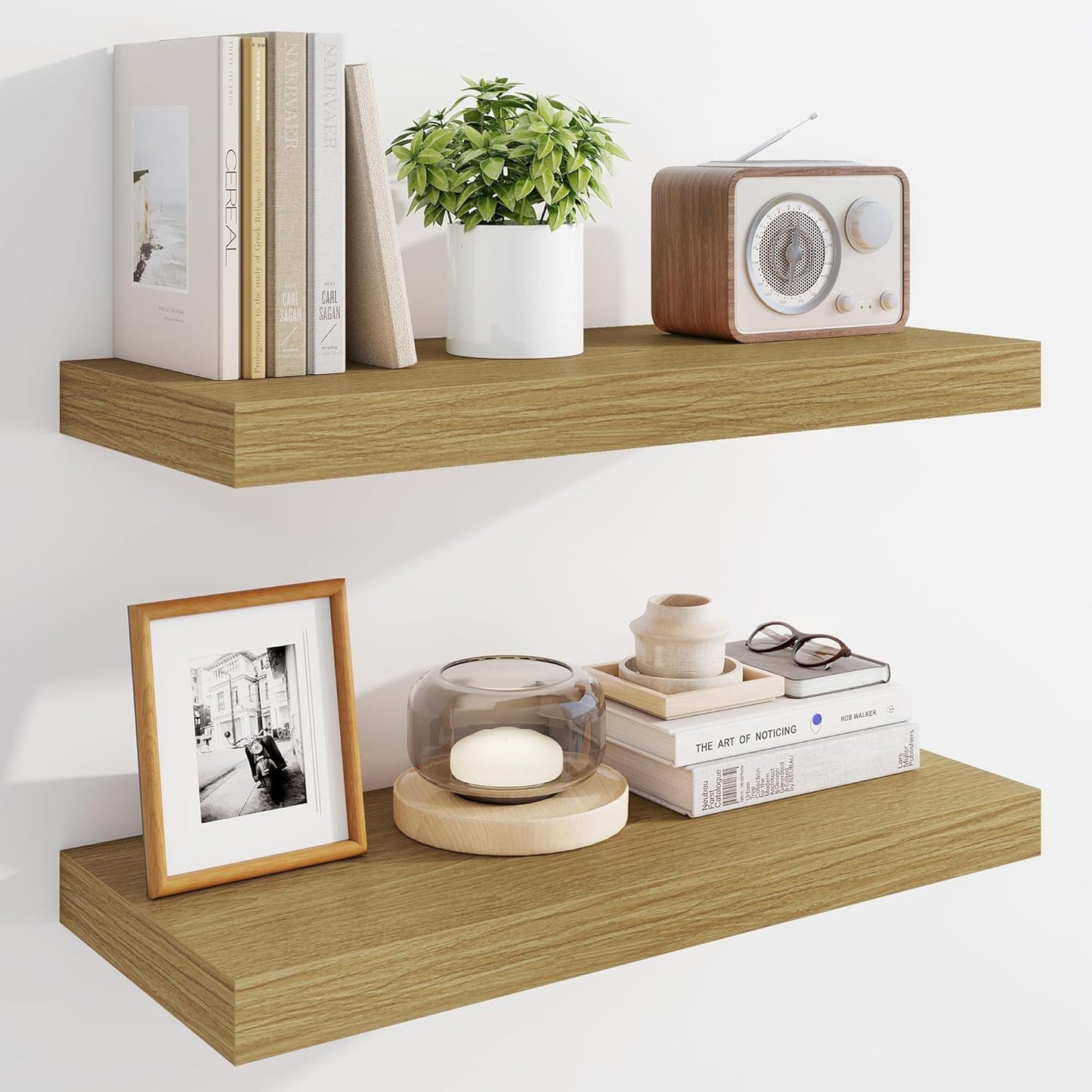 Marsmiles 24" Floating Shelves for Wall, Wooden Shelves with Invisible Brackets Set of 2, Rustic Farmhouse Wall Mounted Shelf for Kitchen Bathroom Living Room Study, Natural Oak