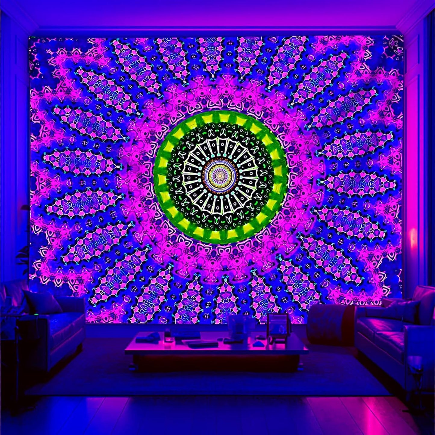PSYHILAR Blacklight Mandala Tapestry for Bedroom, Large Black Light Posters for Adults and Teens, Red UV Reactive Aesthetic Bohemian Wall Art Decor (80 x 60 Inches)
