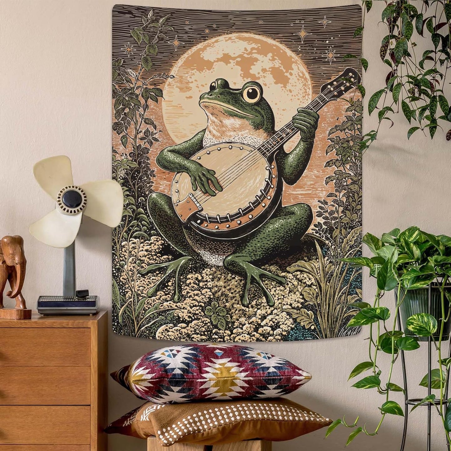 Lunerfex Moonlit Banjo Frog Wall Tapestry, Whimsical Amphibian Musician Tapestries for Room Decor, Folk Art Tapestry 44L x 60W