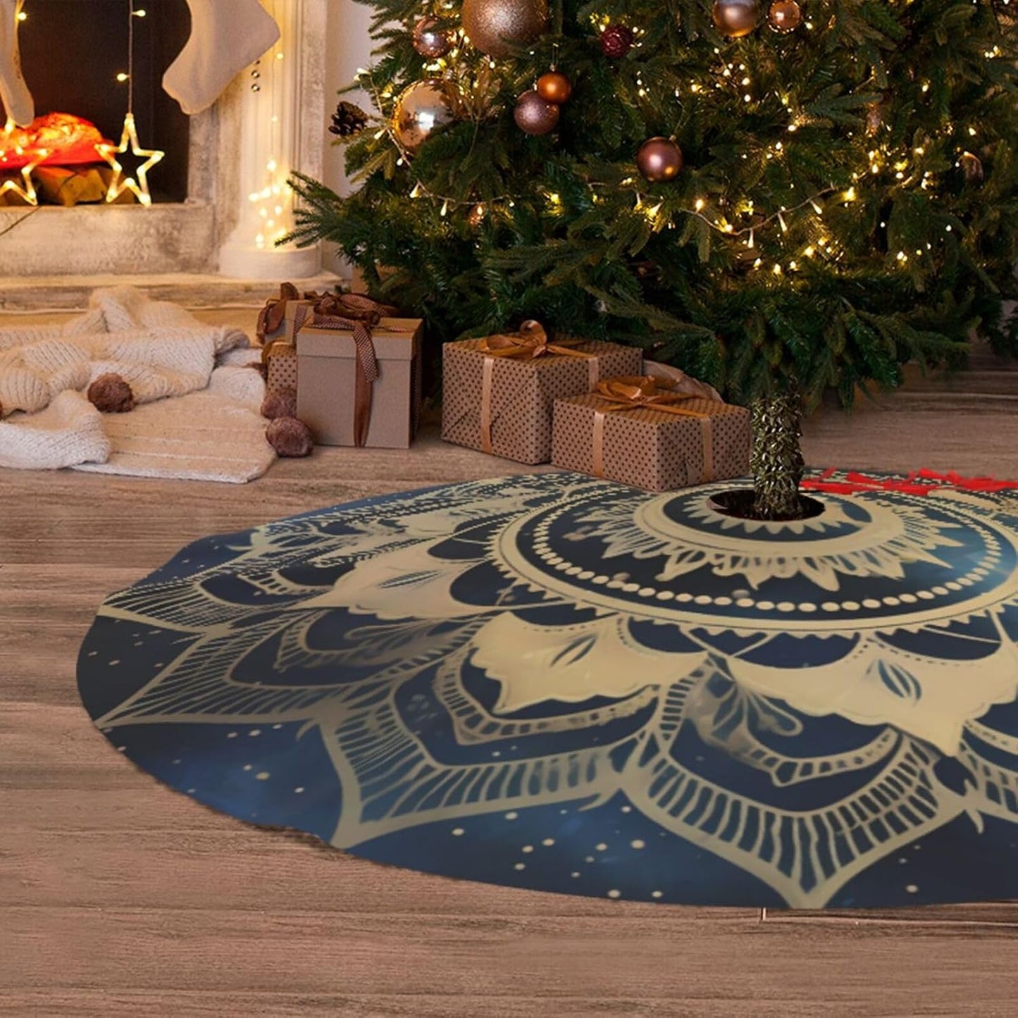 36" Elegant Gold Mandala Christmas Tree Skirt, Blue Galaxy Tree Mat Base Cover for Xmas Festive Holiday Party Decoration Ornaments