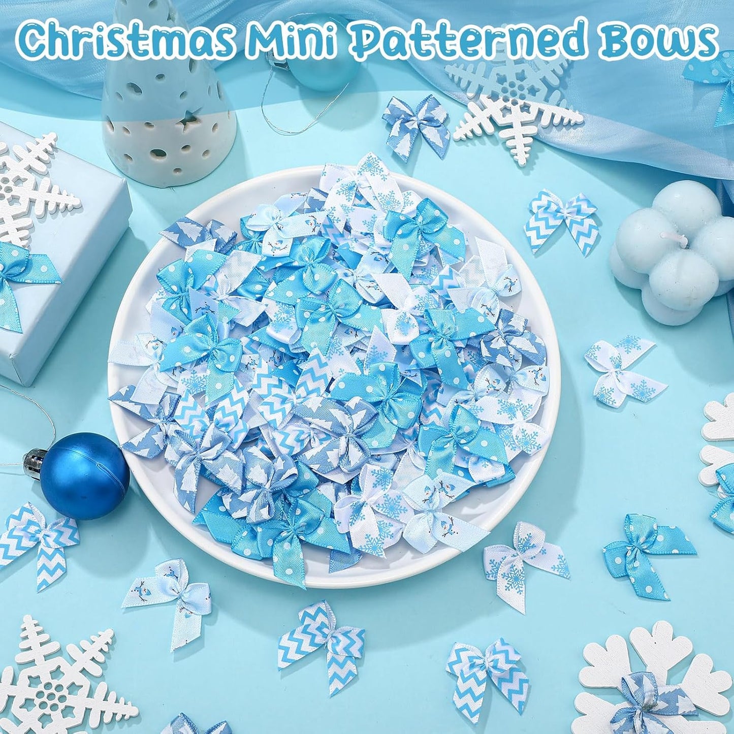 Syhood 150 Pcs Christmas Mini Bow Tiny Twist Tie Bow Handmade Craft Ribbon for DIY Sewing Party Decor(Blue and White,Snowy)