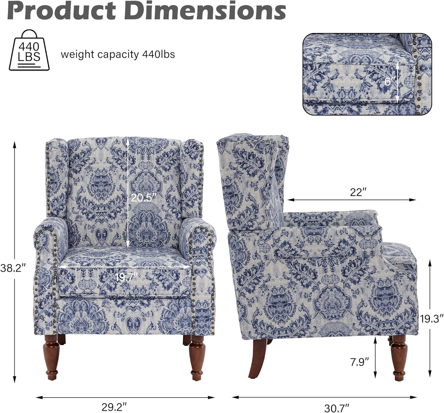 UIXE High Back Floral Accent Chairs Set of 2, Upholstered Armchair in Fabric, Retro Printed Wingback Arm Chair for Living Room, Nailhead Trim Single Sofa Bedroom Reading Seat - Navy Blue