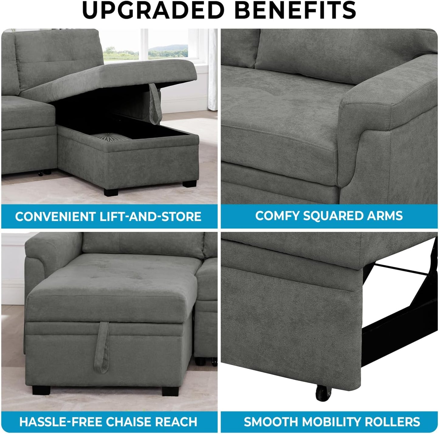 Naomi Home L-Shaped Reversible Sectional Sofa with Pull-Out Sleeper Bed and Storage Chaise, Gray Velvet